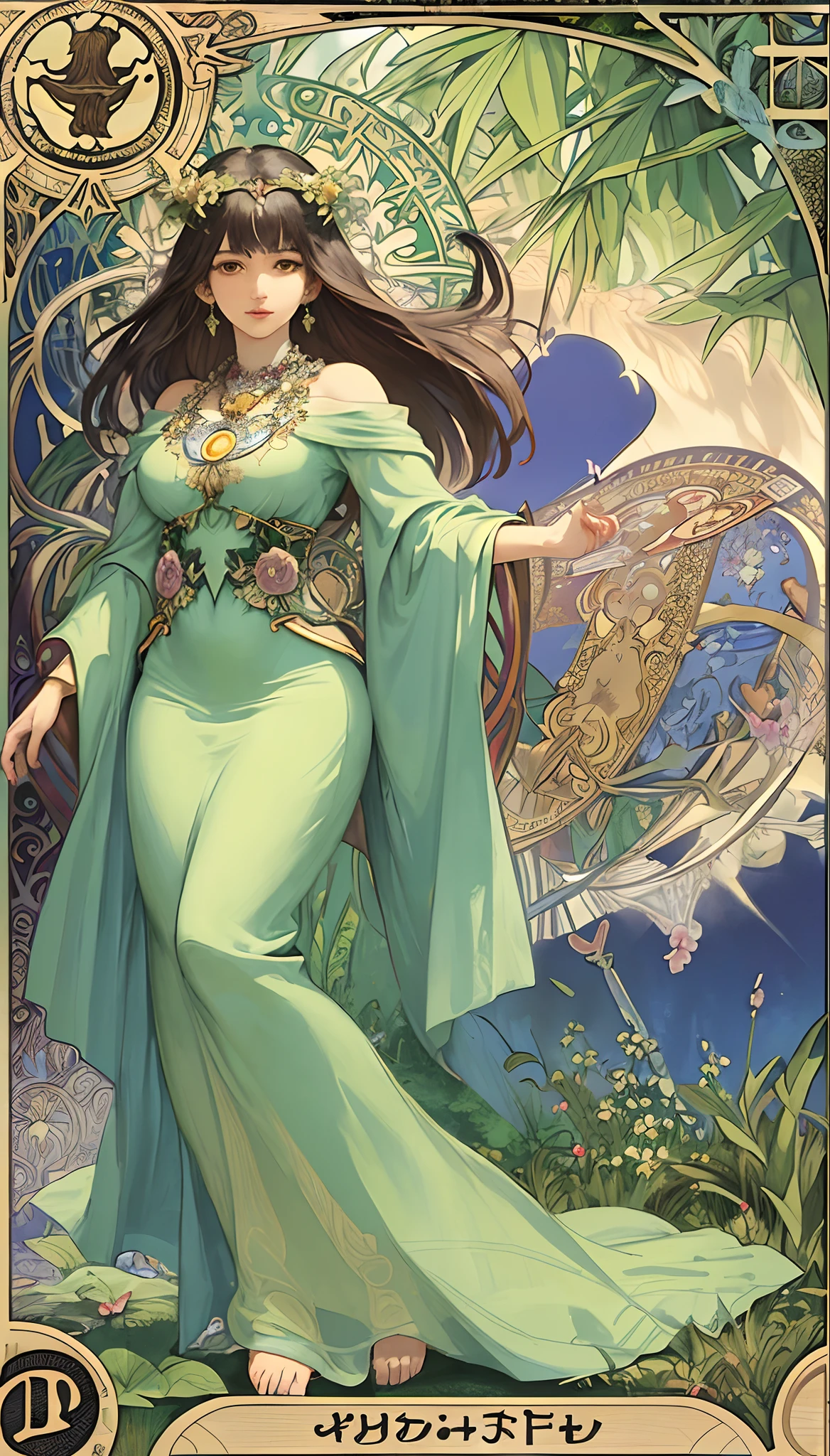masterpiece, best quality, Alphonse Mucha, art nouveau,
(tarot card style:1.3), unique tarot card framework incorporating floral and greenery elements,
blunt bangs, black straight long hair, looking at viewer,
Amidst a verdant garden, a mystical maiden in a blossoming gown dances with ethereal creatures, bathed in sunlight that illuminates flourishing flora and ancient tarot symbols,
roses, lilies, cherry blossoms, irises, foliage, moss, and vines, elegant dresses inspired by nature, accessories including flower and leaf-designed necklaces, earrings, rings, bracelets, hair ornaments, butterflies, birds, bees, tarot symbols reimagined with floral and greenery designs, goddesses, natural backgrounds like gardens, forests, lakesides, effective use of light and shadow,
realistic, hyper realistic lifelike 3d, zentangle,