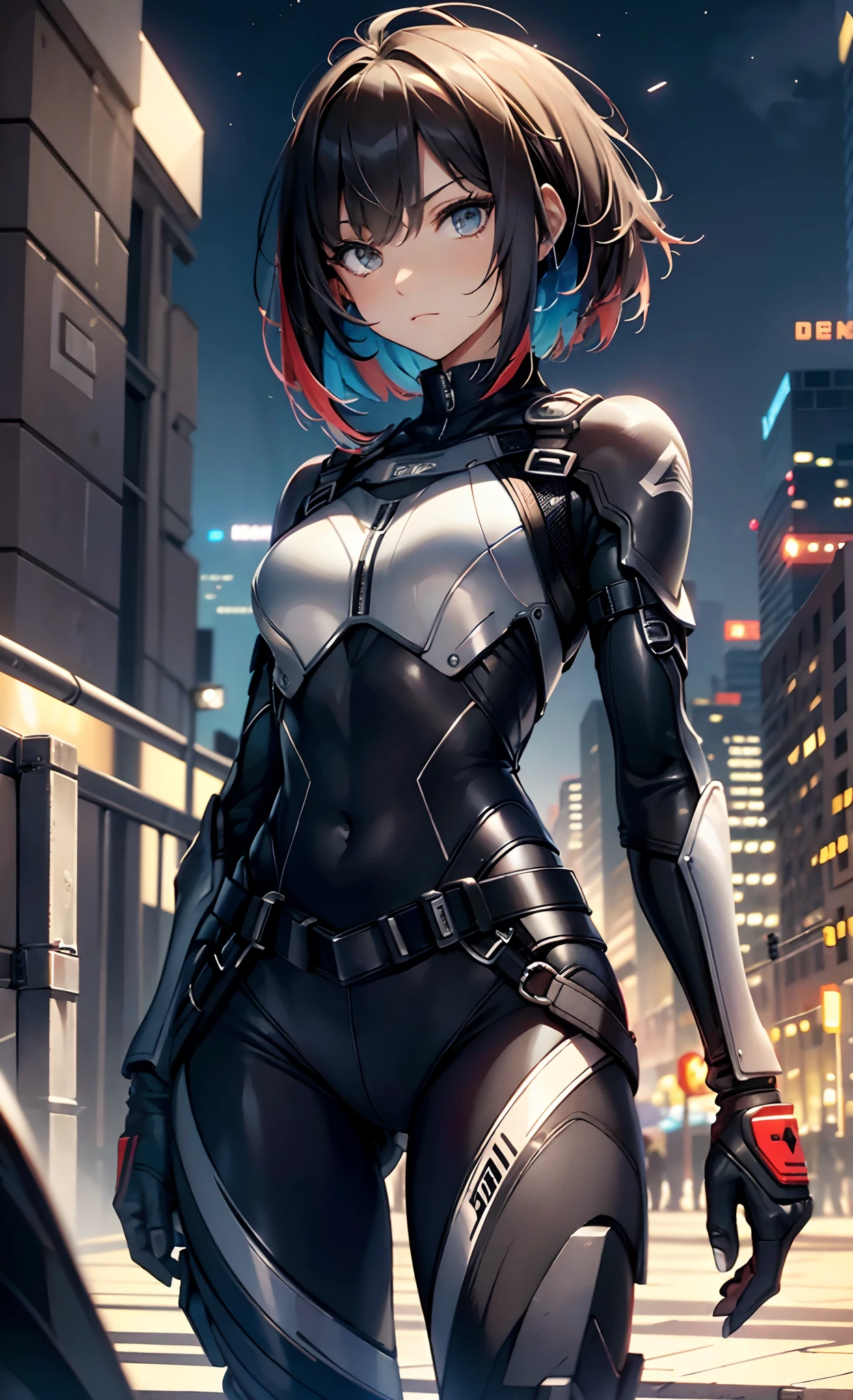 best qualityer,tmasterpiece,Ultimate resolution,downy,Extremely colorful,Colorful,Women combatants,a matural female,Black super short hair,Tight combat suit,tightsuit,Steel City background,the night,Normal posture,Normal posture