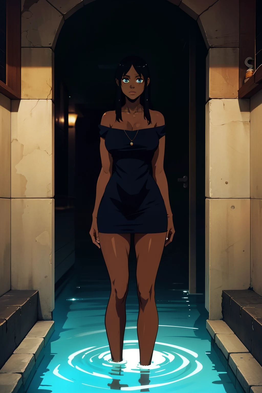 a dark skin woman standing in water