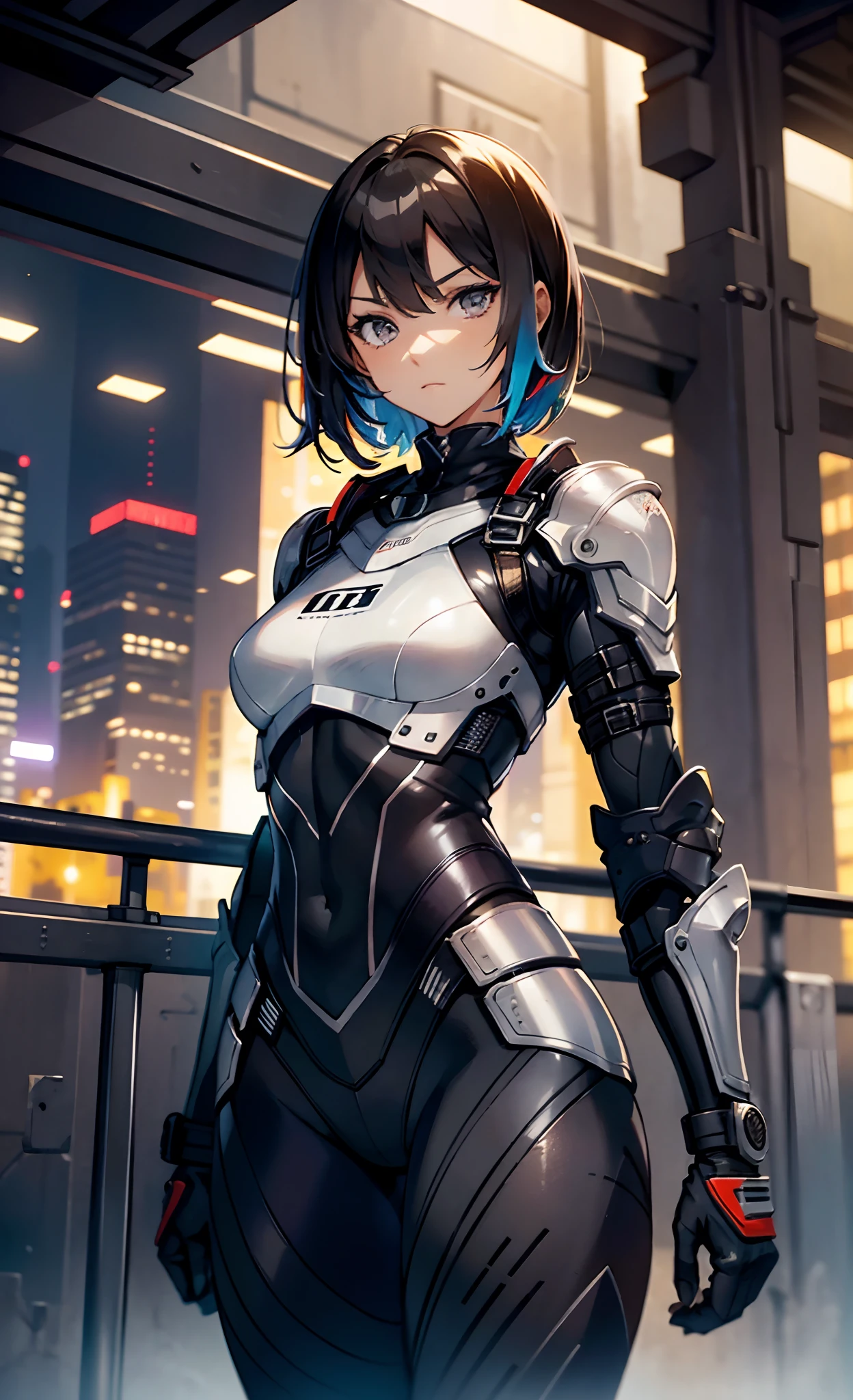 best qualityer,tmasterpiece,Ultimate resolution,downy,Extremely colorful,Colorful,Women combatants,a matural female,Black super short hair,Tight combat suit,tightsuit,Steel City background,the night,Normal posture,Normal posture
