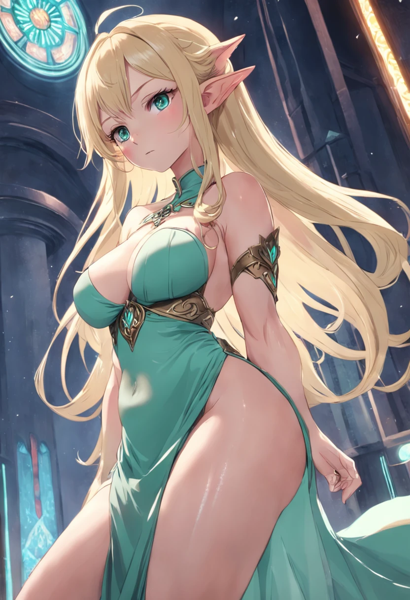 age30,milf,mature,anime,elf,woman,blonde,tall,SFW busty,voluptuous,SFW huge breasts,curvy,intricate detailed long dress,mint green eyes