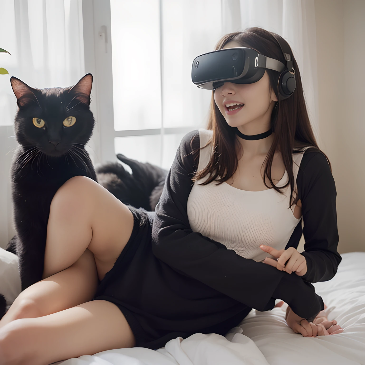 Woman in light maid clothes lying in bed with black cat, Smiling Woman、No makeup、smiling girl、Vlchats in thin maid clothes, Nekomimi, maid! attractive cat girl, Wearing Apple products in VR, very beautiful cute catgirl, Girl in VR headset, catgirl, Cat Girl, hololive, Wearing a VR headset, Wear VR goggles、Indoors bathed in the white light of the morning sun、clothes reflecting light、Teenage woman's skin reflecting light、Fashionable choker black cat、White curtains、There is a white curtain that transmits light、Black cat in a good mood、Teenage woman arm trying to touch cat's tail、Maid clothes reflecting the morning light、Cat Shadow、Fair-skinned young girl lying on bed、Black cat sitting in bed、Girl and Black Cat、Teenage girl's arms are translucent、Veins are visible inside、Anatomical internal muscles and blood vessels on the skin of the arm are faintly visible.、Thin anatomical tendons and veins are also visible on the nape of the girl's neck.、with a slender body、In the arms of a girl、shiny hair is faintly visible.、Beautiful black rich fur of cats、masterpiece、Delicate black-haired girl、maid clothes、The girl's thin arms and hands are transparent、Slender teenage girl、Rin々Shii Black Cat、Photographer girl's face reflected on the glass surface of high-end headset(0.9)、Beautiful black cat coat、The eyes of the black cat also reflect the image of the girl who took the photo.(0.9)、top-quality(0.8)、masterpiece、contest winner