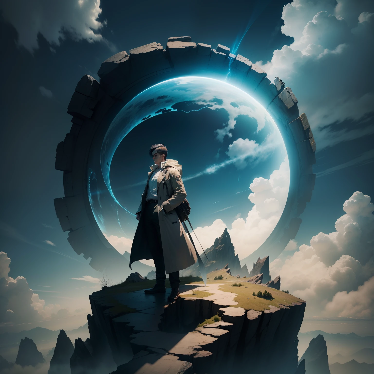 A man stands on a mountain，The surrounding clouds were split into a path，A translucent gas hovered around his body，The gas is shaped like an oriental dragon，Knife in hand，Swing towards the sky，There is a hole in the sky，The hole is shaped like an eye，The earth is like a pupil standing in the middle of the hole