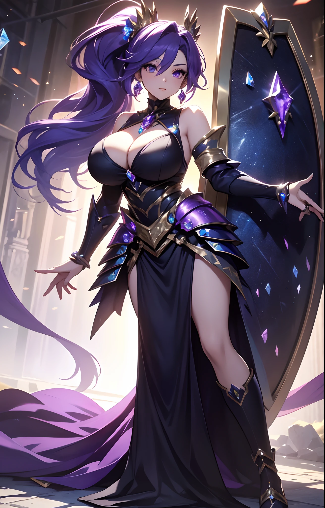 best qualityer，tmasterpiece，Ultimate resolution，downy，Extremely colorful，Colorful，Lady Knight，Royal Sister，Blue-purple armor skirt，Full body set with gemstones，amethyst，huge tit，（Short thin purple hair，High ponytail），Shield set with precious stones，jewelry，Pedras preciosas，Normal posture