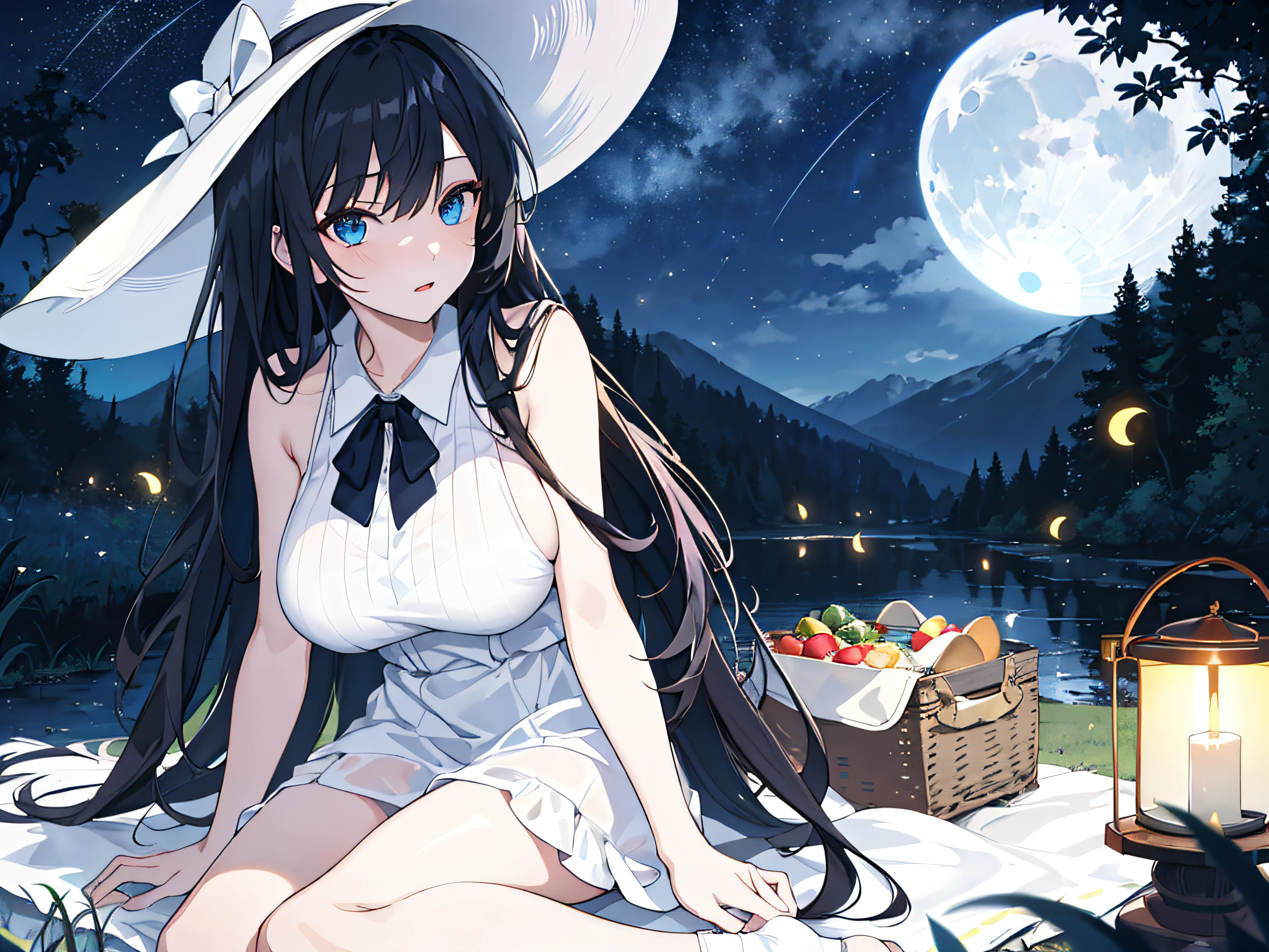 ( (Masterpiece), best quality, HDR,UHD,8K ), ( 1girl, solo, cute, sexy, perfect face, expressive eyes, perfect body, big breasts, black hair, long hair, straight hair, bangs, dark blue eyes, white camisole, white sun hat ), night sky, moon, grass, mountain, picnic, dark, (fireflies), comet, (sitting), sitting on a blanket picnic