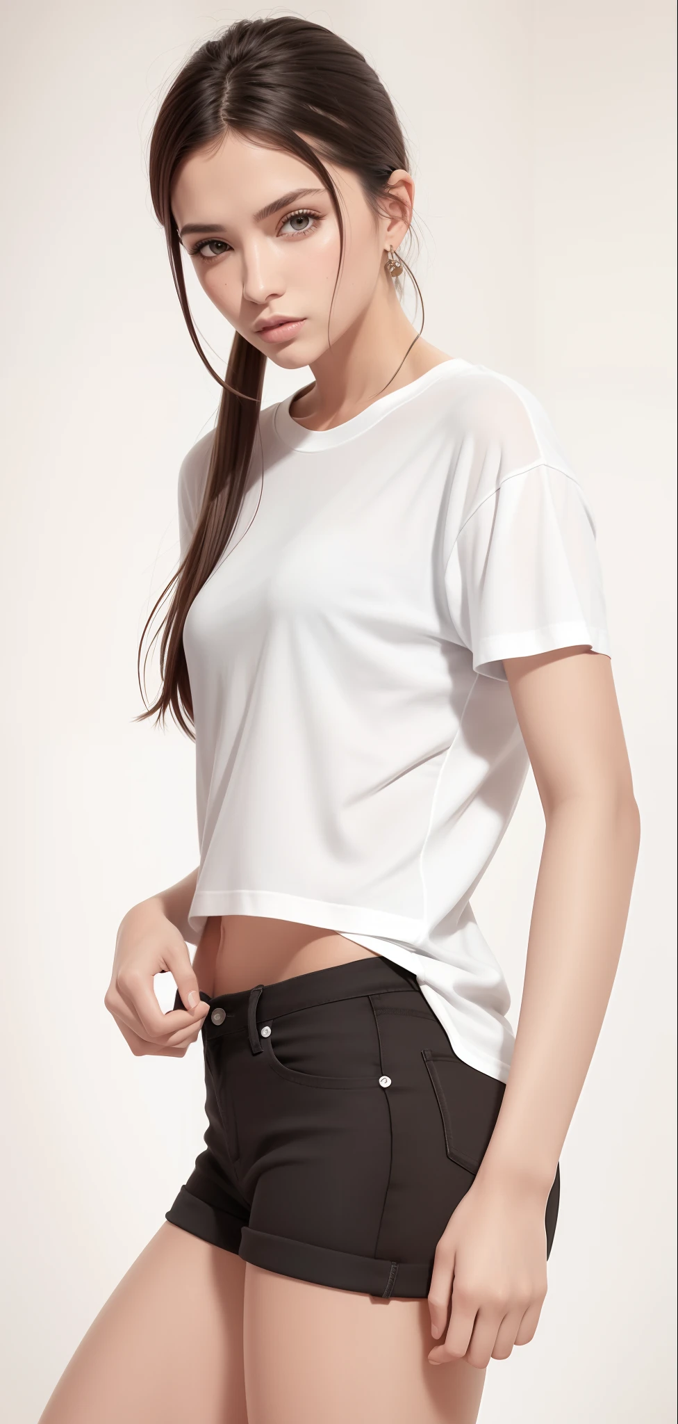 digital art, all body fashion portrait, (Best Quality:1.4), masterpiece, Realistic, 1 girl, beautiful woman, all body shot, standing, fashion model, acrobatic pose, BREAK beautiful young, small head, BREAK Detailed buttocks, Detailed legs, Detailed body line, very slim waist, beautiful Muscular legs, beautiful foot, (huge buttocks, huge breasts:1.2), White and beautiful Silky skin, thin and beautiful neck, small head, (all body shot, standing, acrobatic pose:1.2), BREAK (Detailed wear:1.2), Opt for a sleek, white micro t-shirt crafted from innovative surface materials, featuring a minimalist design with strategic cutouts for a futuristic twist,
Pair with black 7/8 length cargo pants, adorned with oversized pockets and metallic hardware accents for an edgy vibe,
BREAK
Accessorize with an abundance of accessories, including chunky silver bracelets, statement rings, and layered chain necklaces, adding dimension and interest to the ensemble,
BREAK
Complete the look with black platform boots featuring glossy patent leather details, adding height and drama to the silhouette,
Carry a structured white clutch with black piping and metallic embellishments, complementing the monochromatic color scheme, BREAK small head, Detailed face, cute and Pretty slim face, Duck mouth, perfect beautiful Tooth, arranged gray hair, shiny eyes, Light-colored eyes, looking viewer,, (all body shot, standing, acrobatic pose:1.2), BREAK (in a concrete, Realistic black Shadow, Realistic white lightning:1.2),