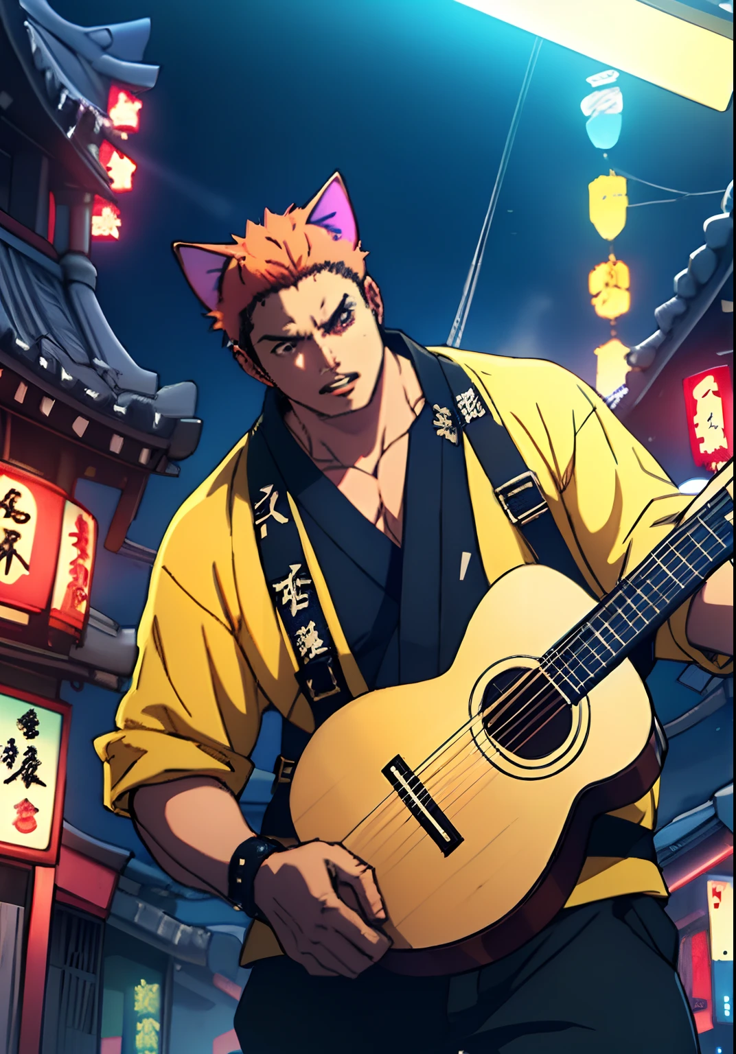 The ultra-detailliert, hight resolution, The ultra-detailliert, top-quality, astonishing, top-quality, Highly detailed CG Unity 8k wallpapers, Cinematic lighting, Cat Fanboy, cyberpunked, dark boy、I have a guitar in my hand、The background is Tokyo Tower