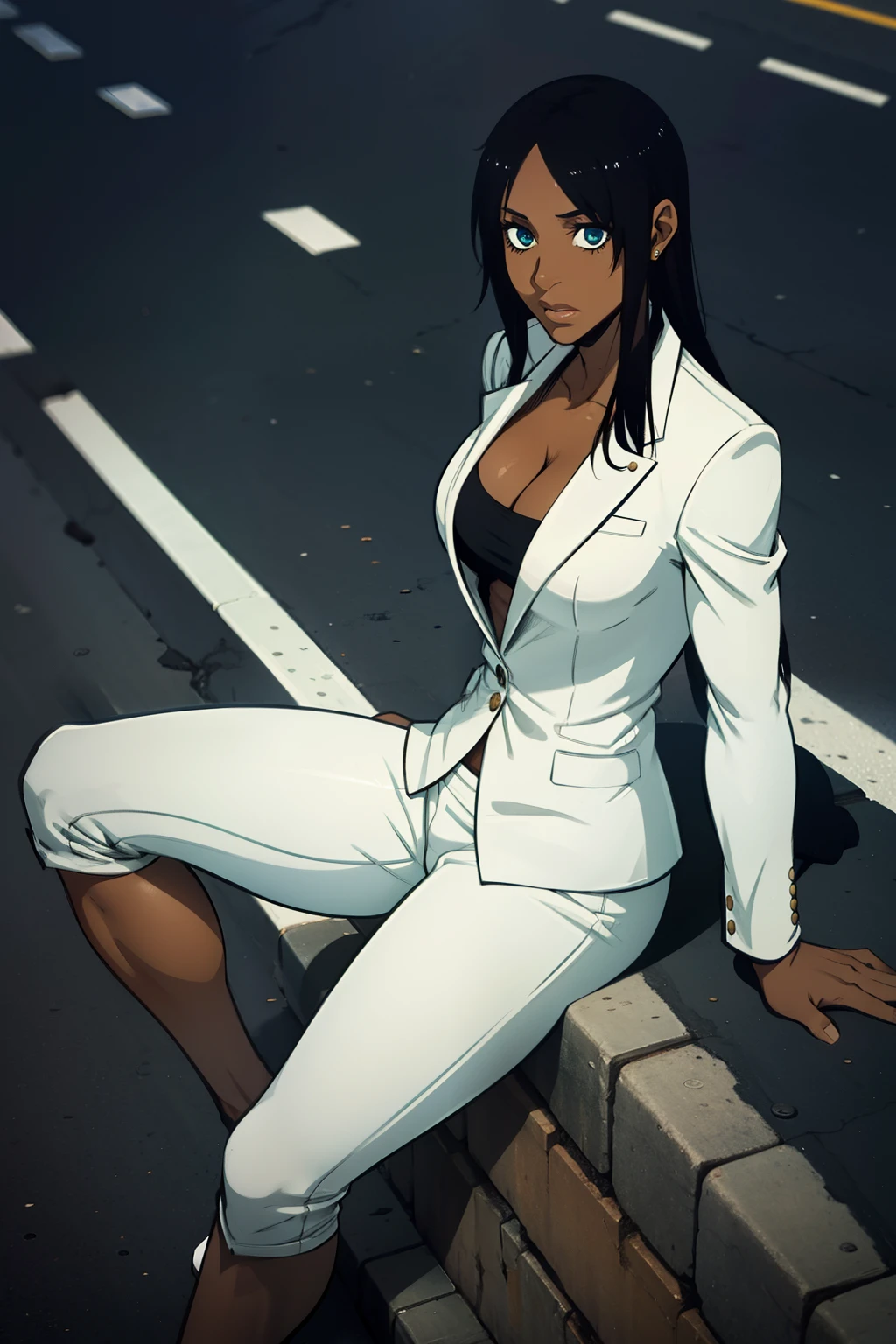 a dark skin woman sitting on road wearing white suit