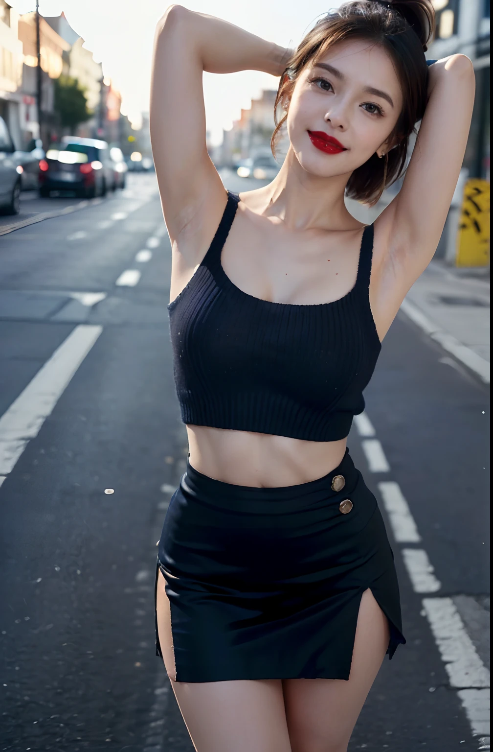 ((Show underarms、Armpit、full body closeup、Slit skirt ripped to the waist、All legs are visible with slits、The length of the skirt is a short skirt above the groin、Insert the slit all the way to the top of the skirt.、Ultra-realistic armpits、、Armpit、Detailed armpit wrinkles、Detailed armpit pores、Realistic armpit skin、Black armpit skin、Black armpits、Armpit poses、Super mini skirt with slit up to the top of the skirt、high-ponytail Hairstyle、gazing at viewer、smil、micromini skirt、Very short skirt、No panties、With no pan、Super mini skirt with slit、In a super mini skirt with a slit to the top of the skirt、witheout panties、Super mini skirt with slit up to the top of the skirt、Standing on the street、In the street、in a street)), (illustratio), (hight resolution), (8K), (ighly detailed), (The best illustrations), (armpit pose、beatiful detailed eyes), (top-quality), (ultra-detailliert), (masterpiece), (wall-paper), (详细的脸), (A smile、((40 years,red lipsticks,femele,Show realistic armpits))、Brown hair,short-hair,((Show underarms、Navy blue sleeveless short sweater and very short skirt with slit to the top of the skirt、No panties、No Panties Women)), japanes,