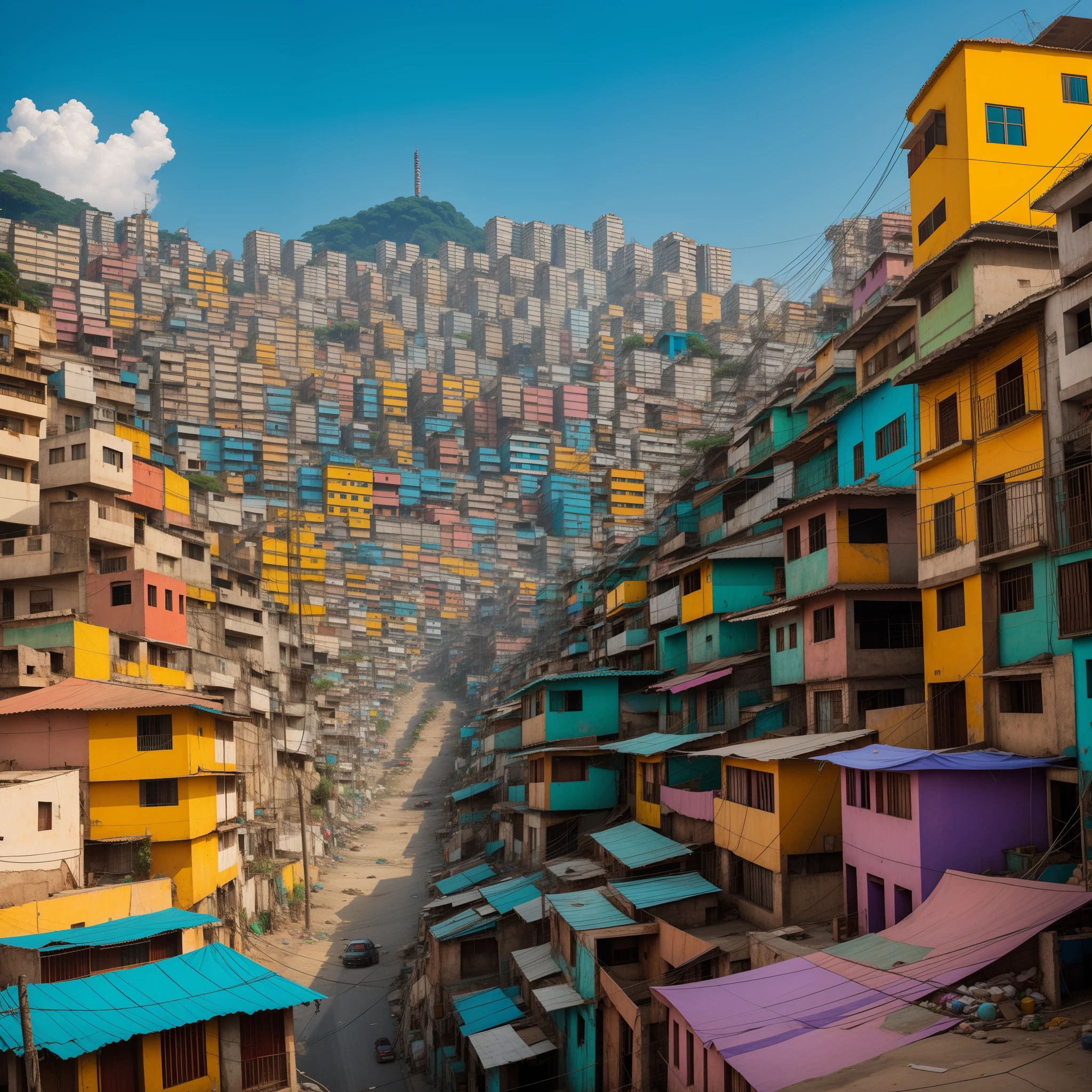 Low angle, Pakistani, colorful buildings in a city, favela, an opulent favela environment, Favela São Paulo, favelas, colorful city, colorful buildings, ancient ruins favela, favela sculpture, colorful buildings, colorful houses