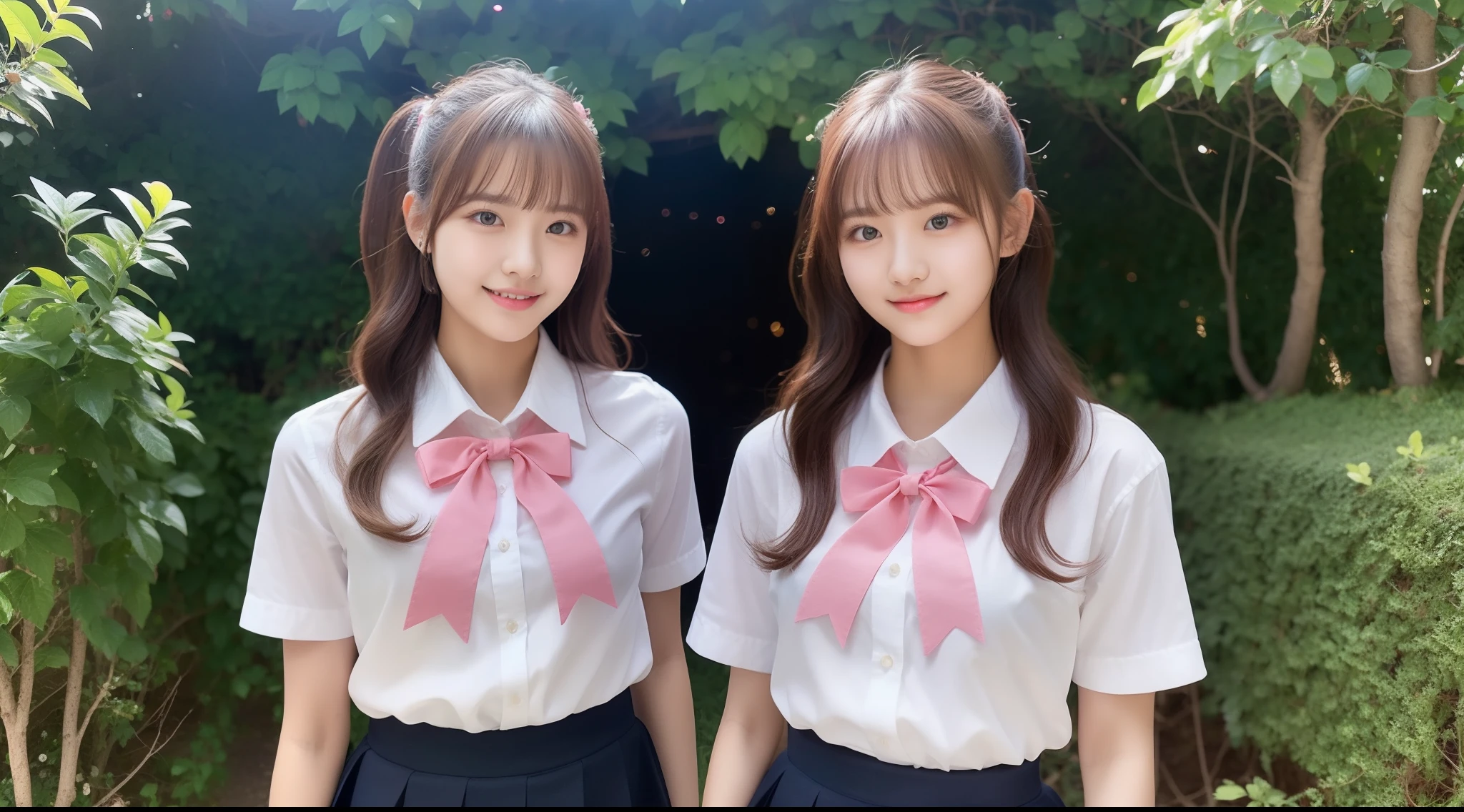 Miniskirt schoolgirl 18-year-old wears a white shirt and pink ribbon
