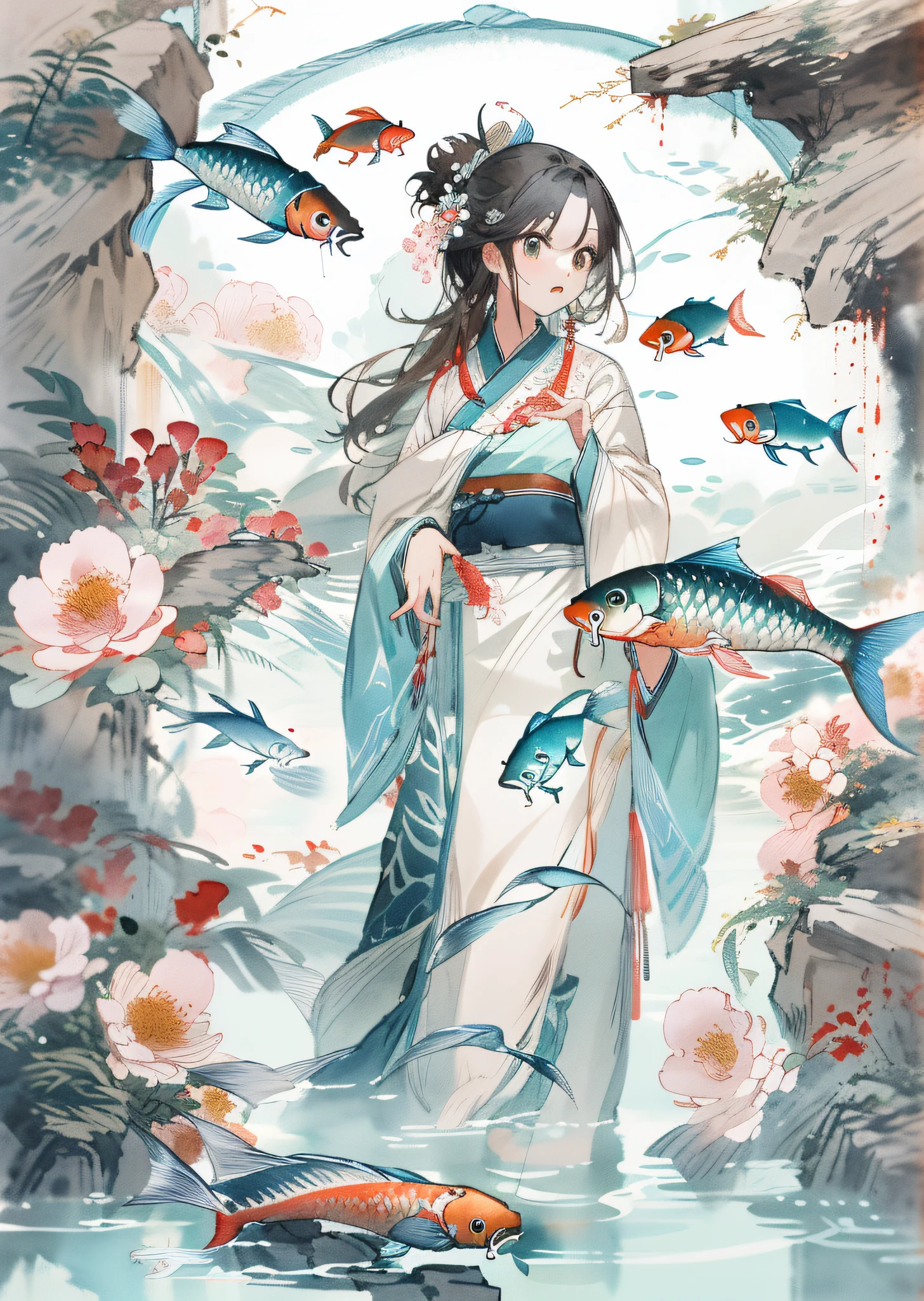 huaniao, [(white background:1.5)::5], mid shot, full body, chinese style, flowers,((fish)),stone fragment, beautiful detailed water,pool,