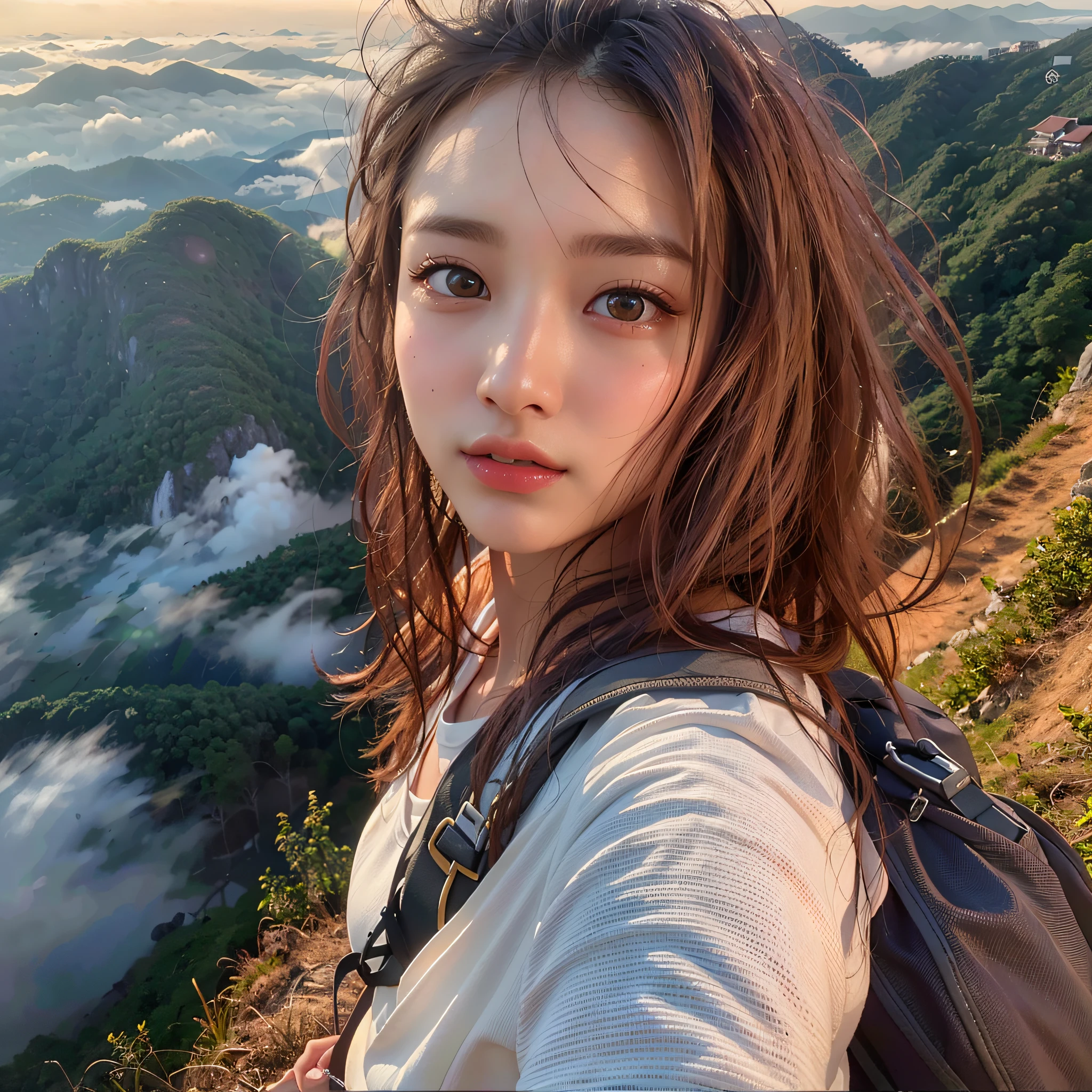 (Best Quality, hyper realistic photography), Magnificent mountain, sea of clouds, A woman watching the sunset, selfee, ((UPPER BODY)), white t-shirts, Trekking shorts, trekking boots, rucksack,  (ultra delicate face, ultra Beautiful fece, ultra delicate eyes, ultra detailed nose, ultra detailed mouth, ultra detailed facial features), Beautie, 18year old