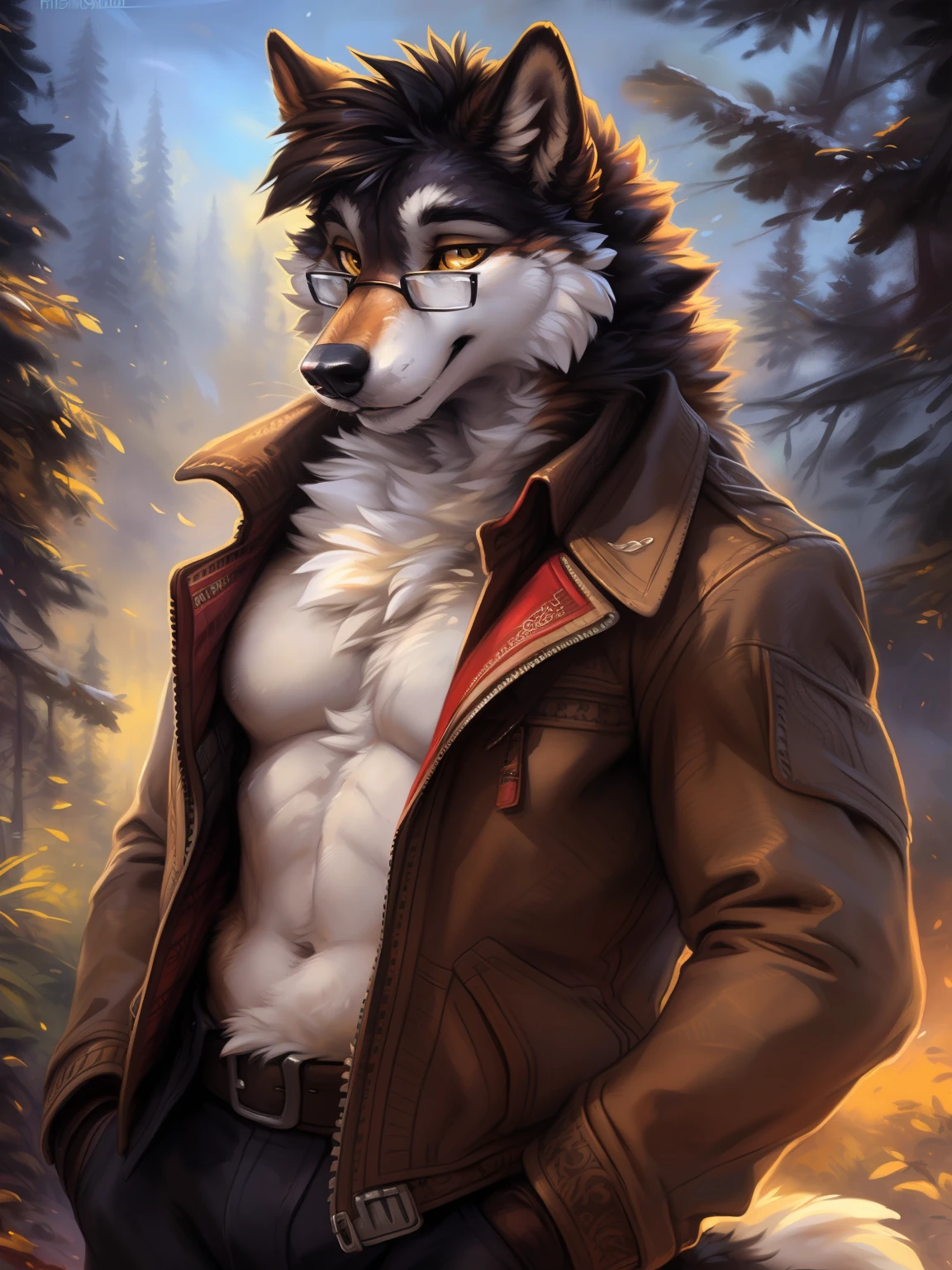 (by hioshiru and kenket and dimwitdog, Michael &amp; Inessa Garmash, Ruan Jia, Pino Daeni, Chunie), solo, anthro, male, (wolf), ((intricate detail fluffy fur texture)), mane, pinup, (yellow eyes) , chest tuft, ((clothed)), digigrade, (tail), handsome, glasses, red jacket, cinematic, solo, (muscle), (shaded), (detailed eyes):1.2, ((busts))