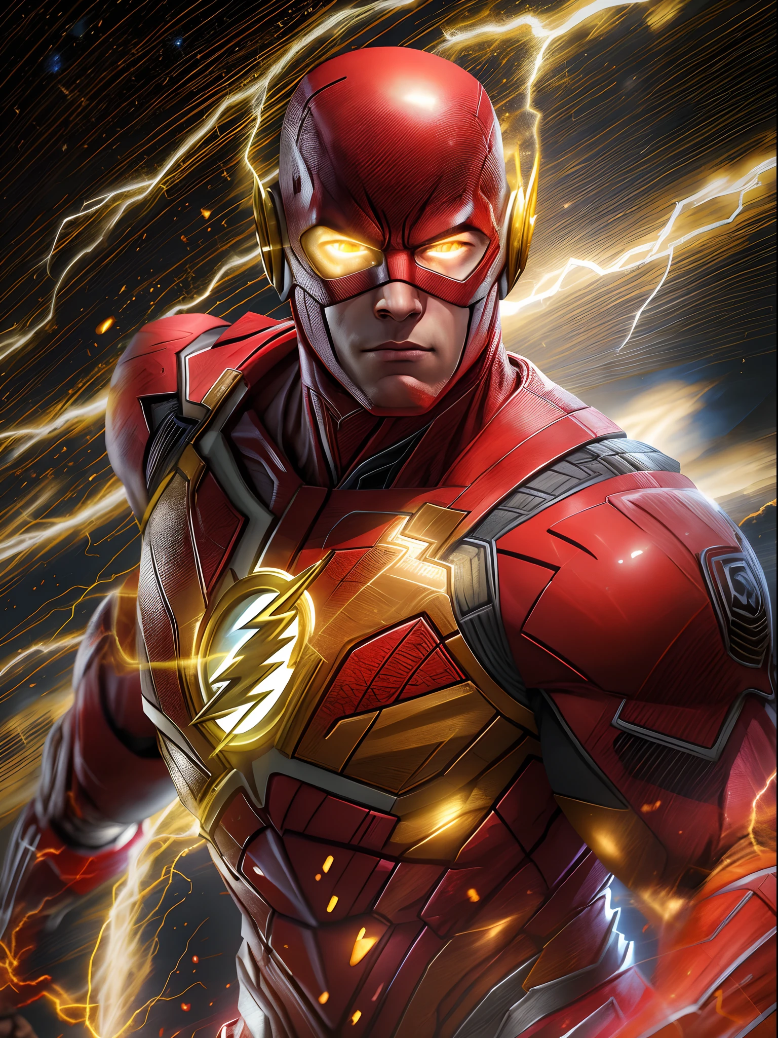 The Flash (Injustice 2), 1boy, solo, best quality, high resolution, tall, muscular, hunk, red and gold suit, big glowing gold eyes, running pose, yellow lightning trail, detailed face, detailed suit, ultra detailed, masterpiece, tunnle of light in the background, 4k, raw photo, volumetric lighting, low camera angle, seen from the side