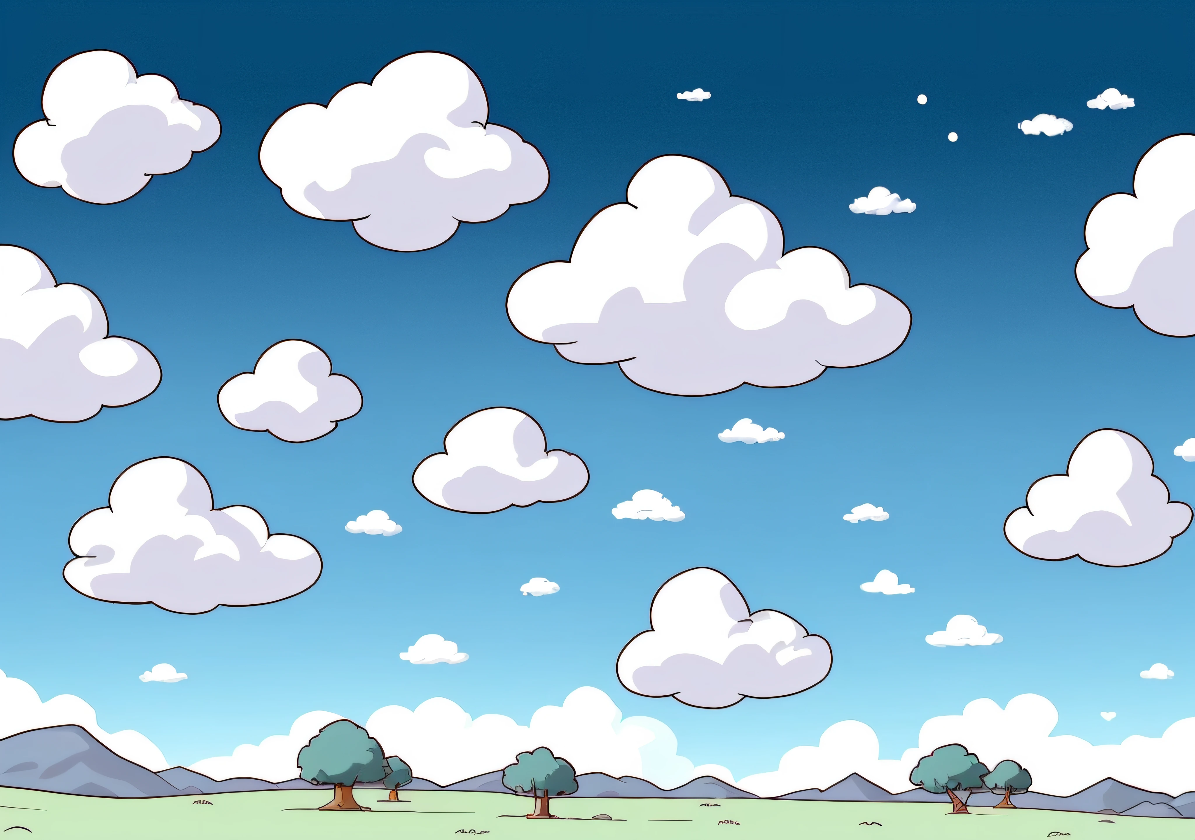 A cartoon sky with clouds, light blue sky with clouds, nuvens fofas inchadas, plano de fundo da nuvem, fundo das nuvens, nuvens dispersas, arte de fundo, blue sky background, lindas nuvens inchadas de anime, fundo nublado azul fosco, grama verde, grama de desenho animado, desenho animado.