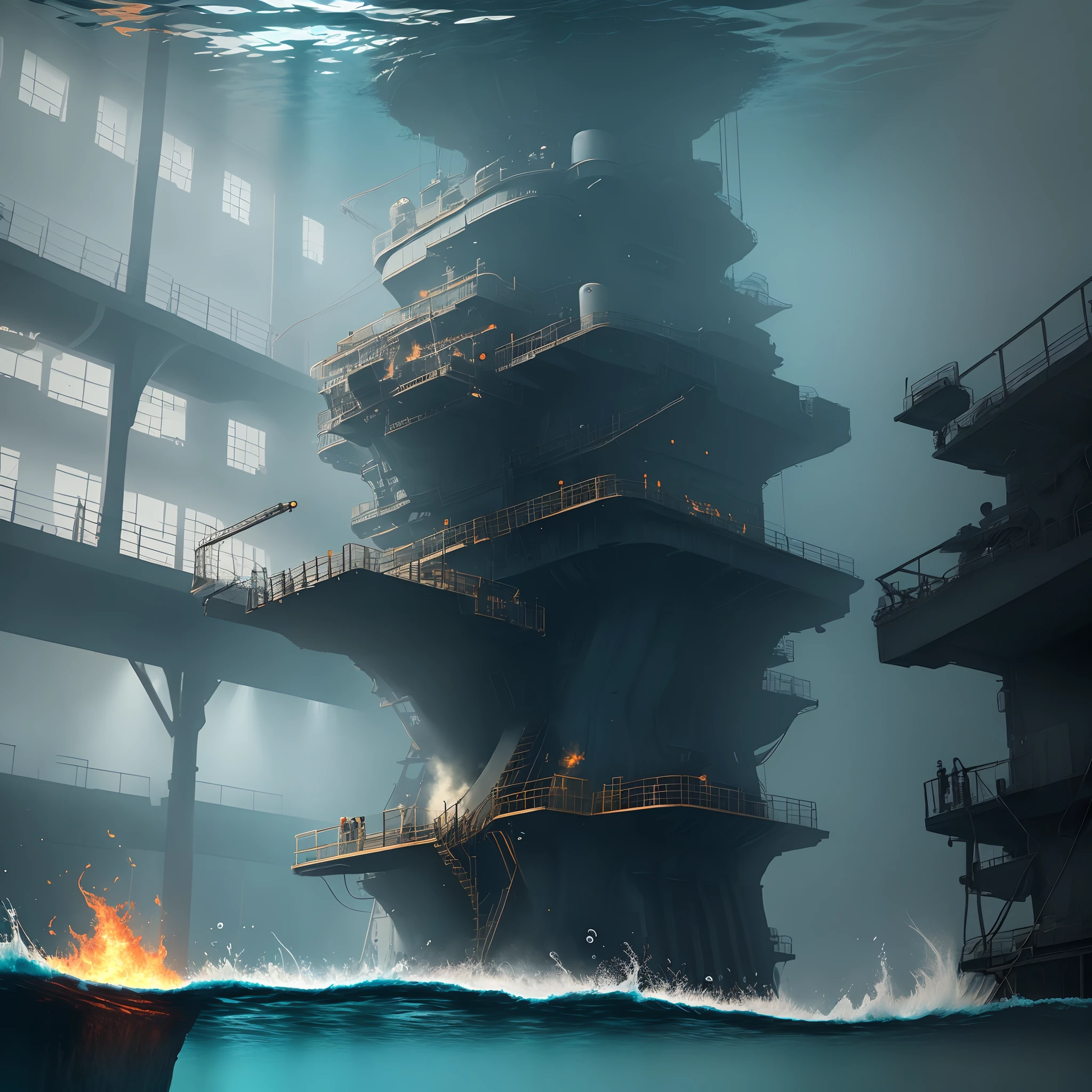 In a huge pool,Under the pool is the color of the deep sea,The color is dark blue,The water is very, very deep and wide,Underwater is mechanical,There are blowers。There are machines that catch fire underwater