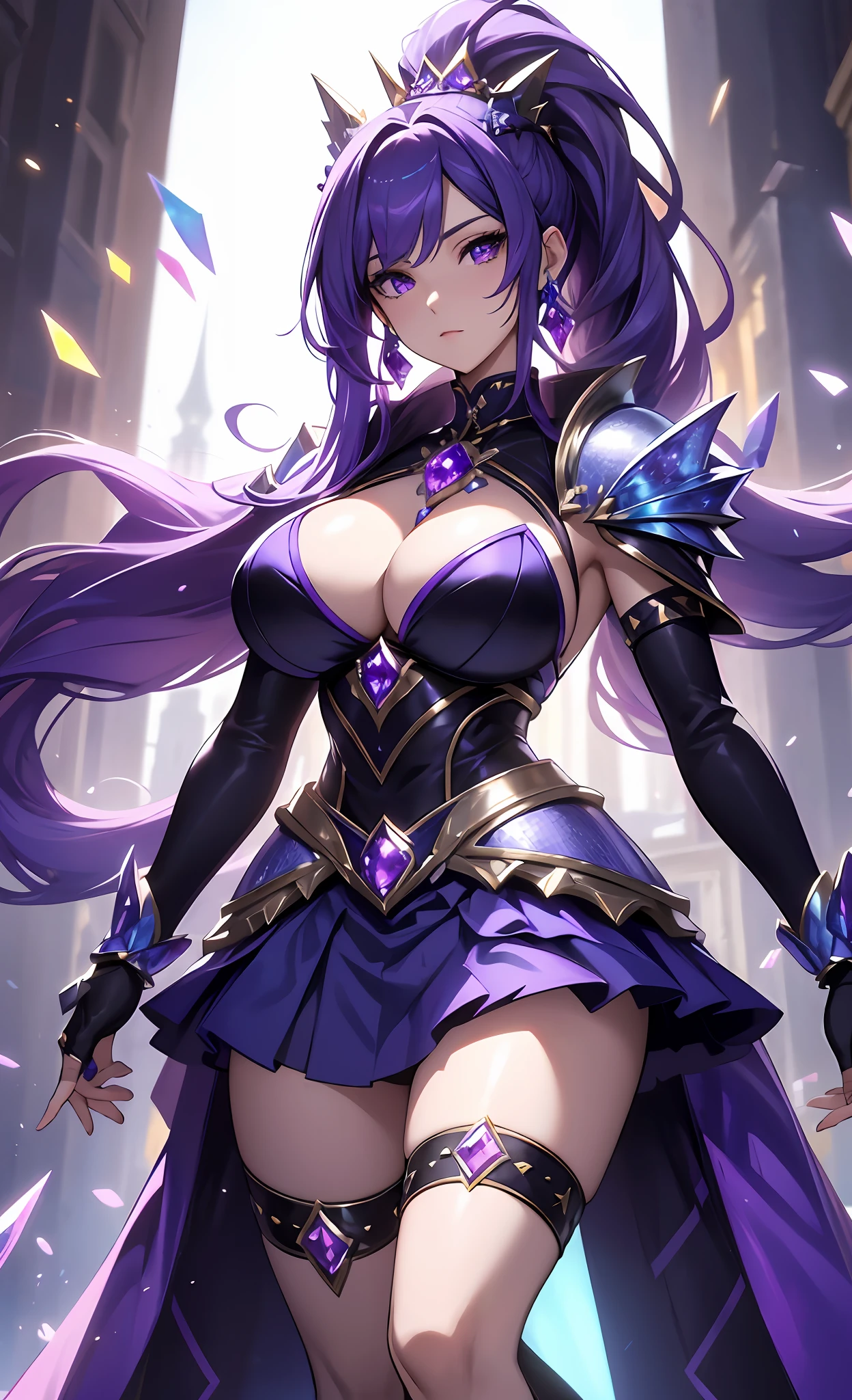 best qualityer,tmasterpiece,Ultimate resolution,downy,Extremely colorful,Colorful,Lady Knight,Royal Sister,Blue-purple armor skirt,Full body set with gemstones,amethyst,huge tit,(Short thin purple hair,High ponytail),Shield set with precious stones,jewelry,Pedras preciosas,Normal posture