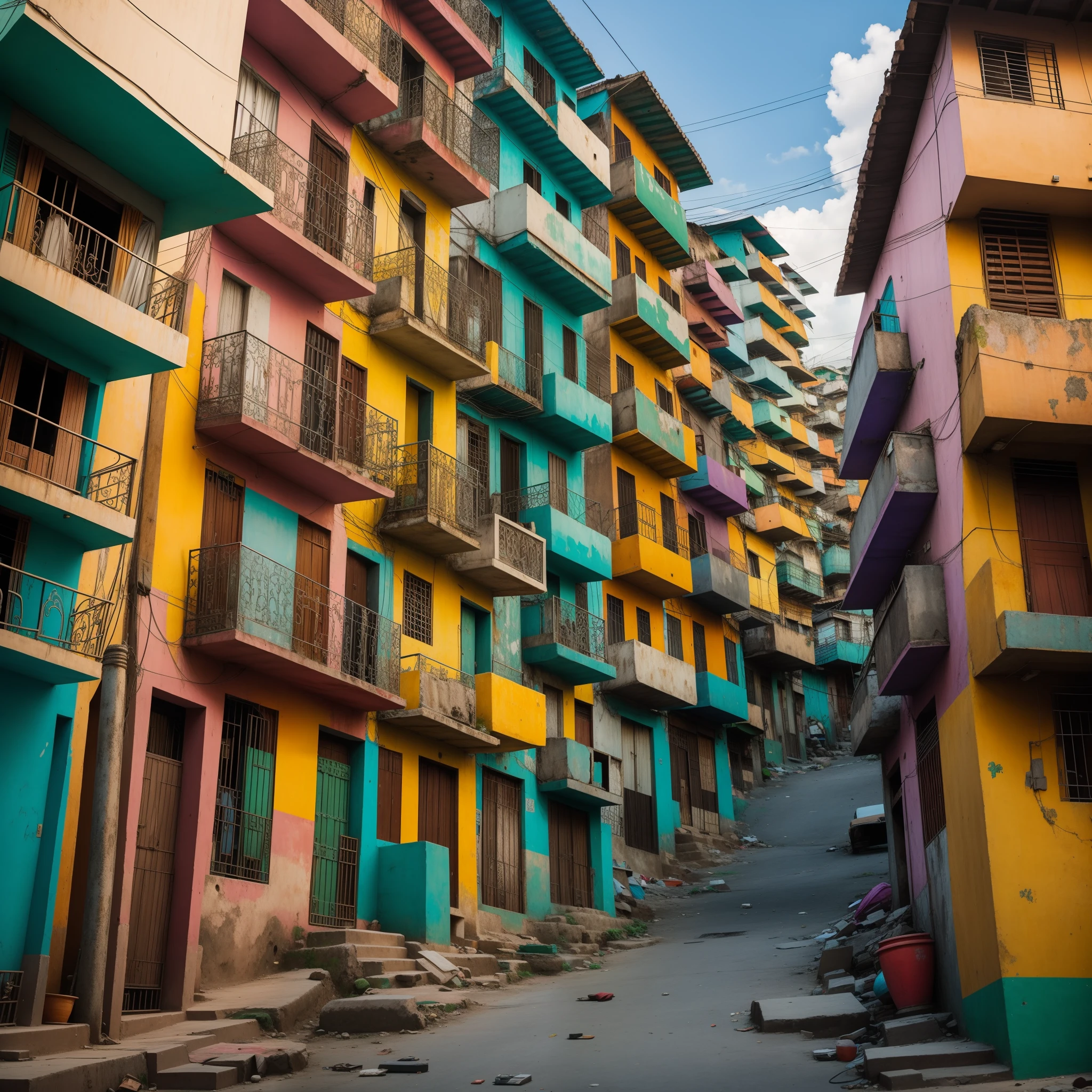 Low angle, Pakistani, colorful buildings in a city, favela, an opulent favela environment, Favela São Paulo, favelas, colorful city, colorful buildings, ancient ruins favela, favela sculpture, colorful buildings, colorful houses