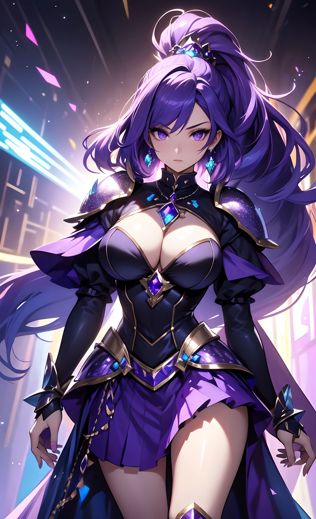 best qualityer,tmasterpiece,Ultimate resolution,downy,Extremely colorful,Colorful,Lady Knight,Royal Sister,Blue-purple armor skirt,Full body set with gemstones,amethyst,huge tit,(Short thin purple hair,High ponytail),Shield set with precious stones,jewelry,Pedras preciosas,Normal posture