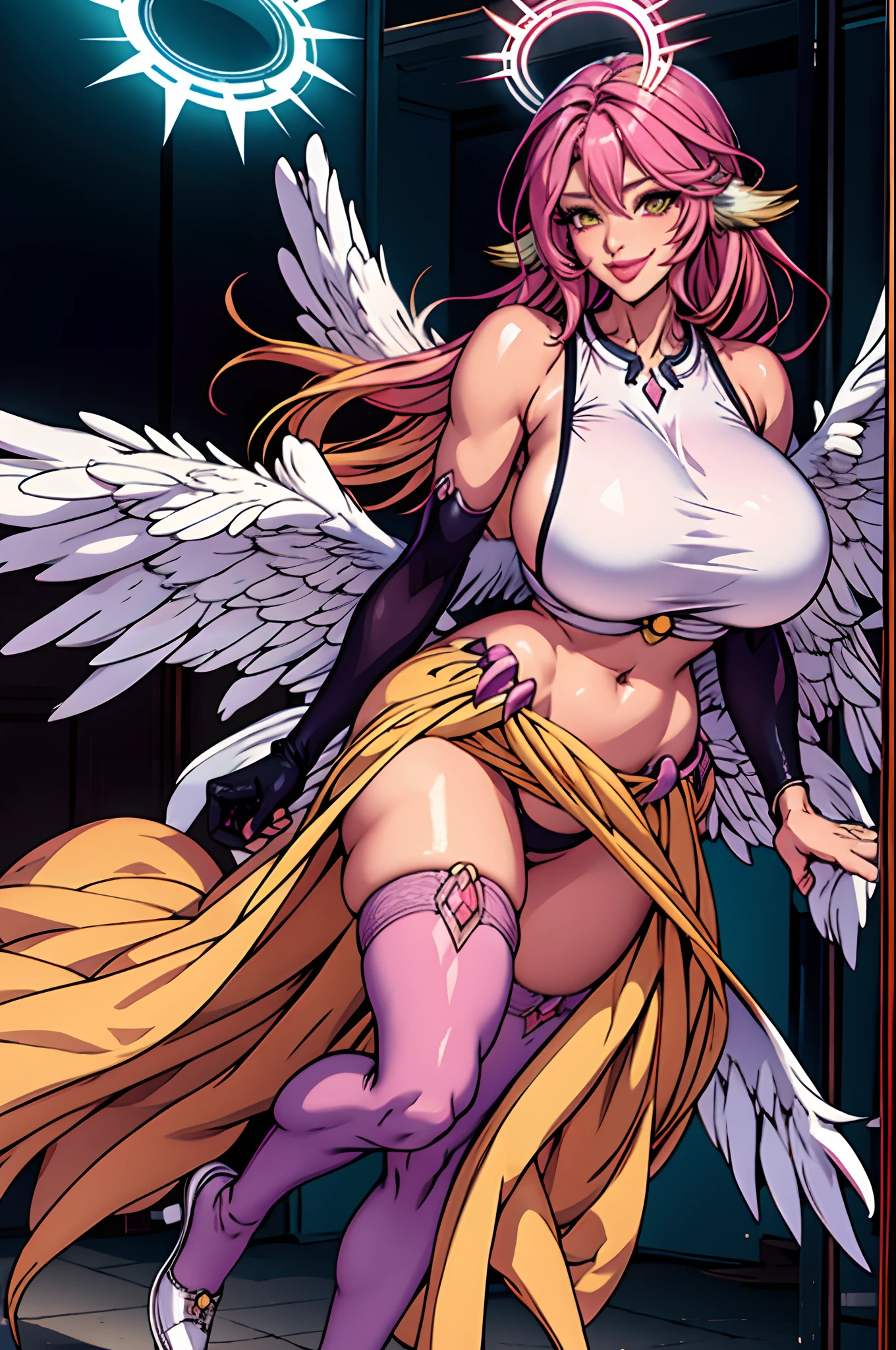 jibril 1girl, solo, long hair, breasts, sideboob, halo, pink hair, pink stocking, low wings, compass rose halo, wings, navel, book, gloves, bird ears, midriff, magic circle, asymmetrical legwear, angel, angel wings, animal ears, very long hair, yellow eyes, white wings, large breasts, mismatched legwear, single shoe, feathered wings, orange eyes, shoes, multicolored eyes, thighhighs, crop top, cross, multicolored hair, gradient hair, looking at viewer,, smile ,walking