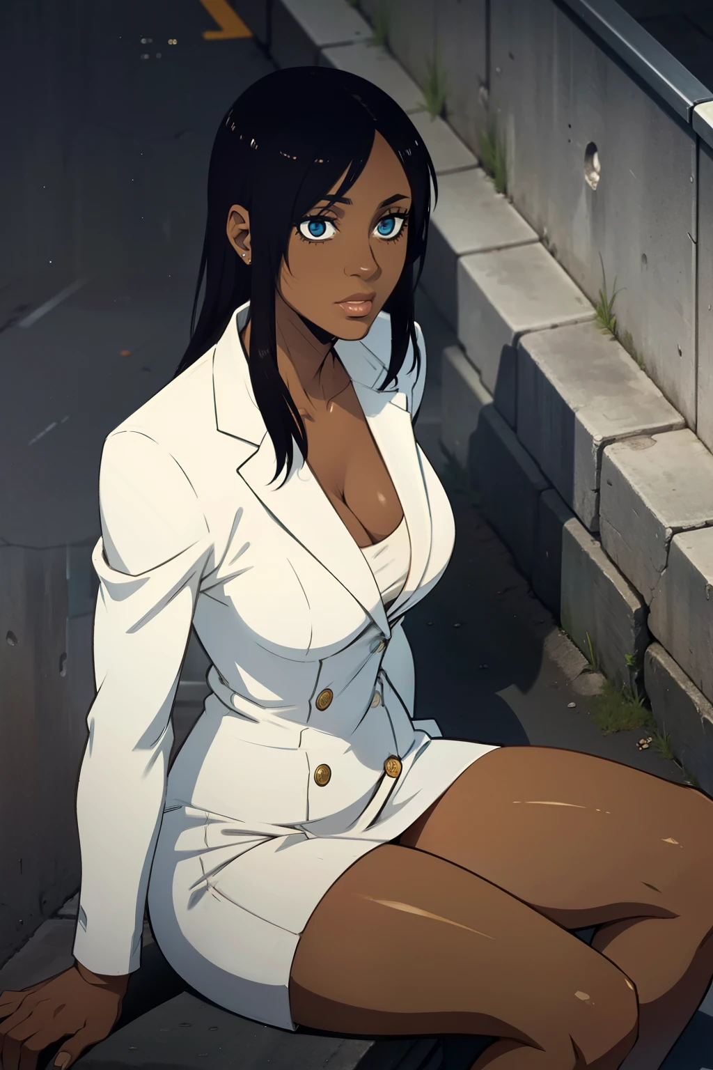 a dark skin woman sitting on road wearing white suit