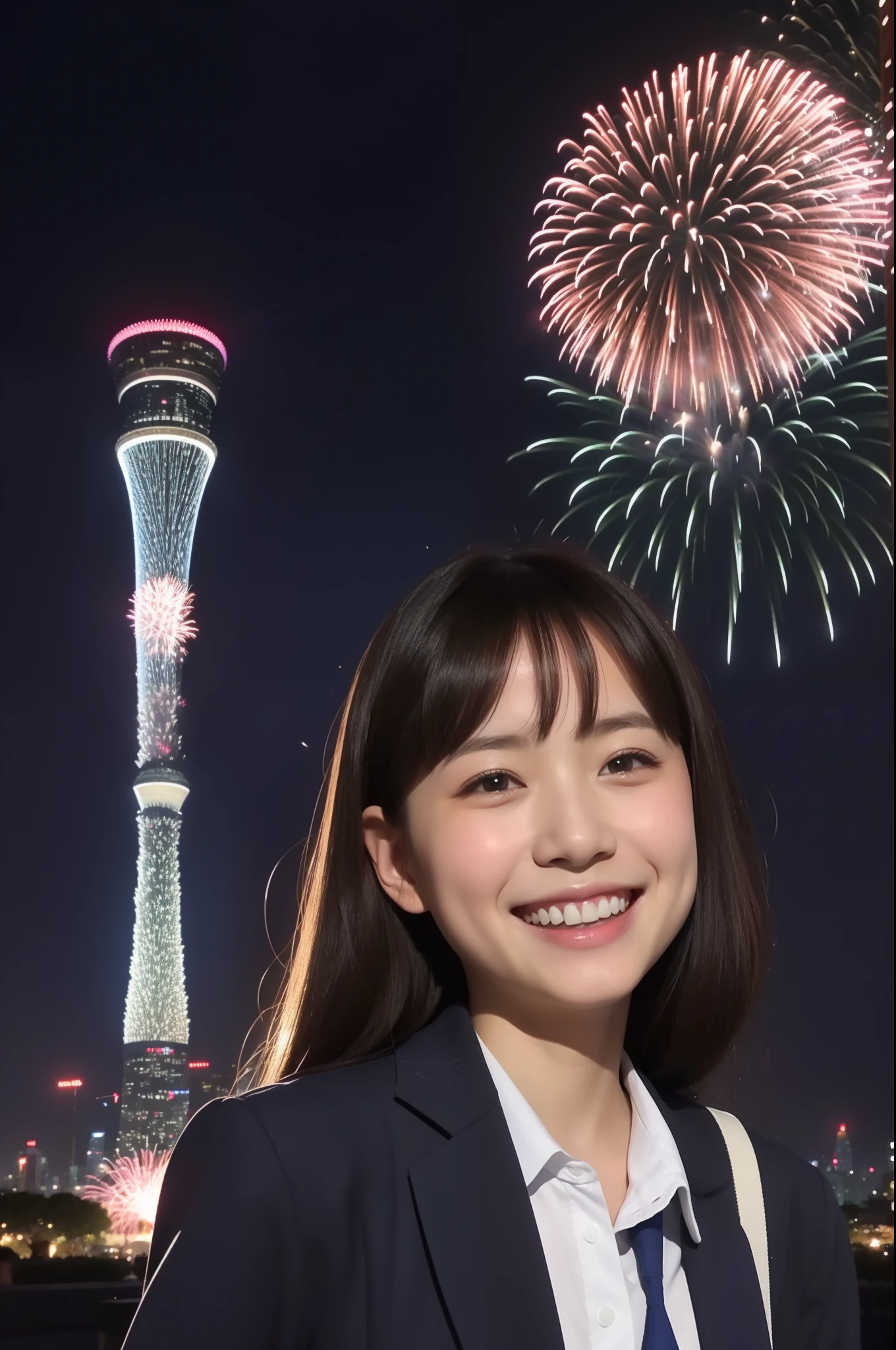 A smile、hi-school girl、校服、While doing fireworks、mare、Tokyo Skytree