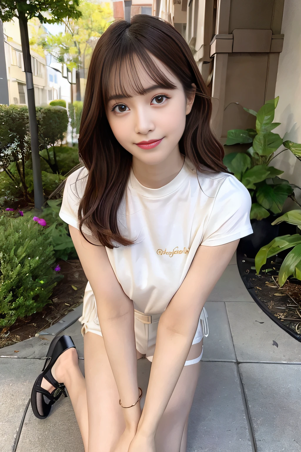 (Photorealsitic:1.4)、best qualtiy、extremely delicate and beautiful、A highly detailed、hight resolution、One girl、A smile、full body Esbian、Taut shirt、A dark-haired、length hair、elbow groves、beatiful detailed eyes、cinematlic lighting、Gold Bodysuit、beauty legs