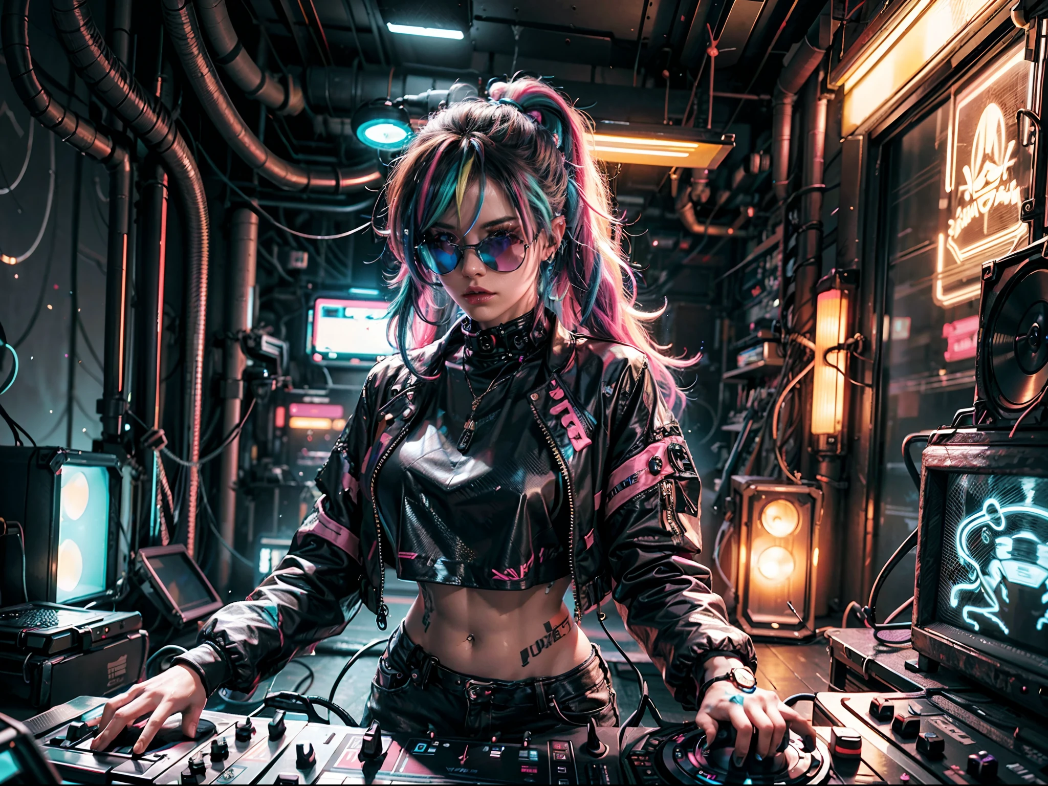"Cyberpunk DJ girl with cool neon head set, colorful neon light around her, multicolor hair, multicolor, front view ,cool open jacket and crop top shirt, rocking sun glasses, two big LED glowing loudspeakers on each side, immersed in a neon-lit environment, vinyl record on turntable with music mixer and turntable in front of her, exuding an electrifying disco vibe in a futuristic night club."