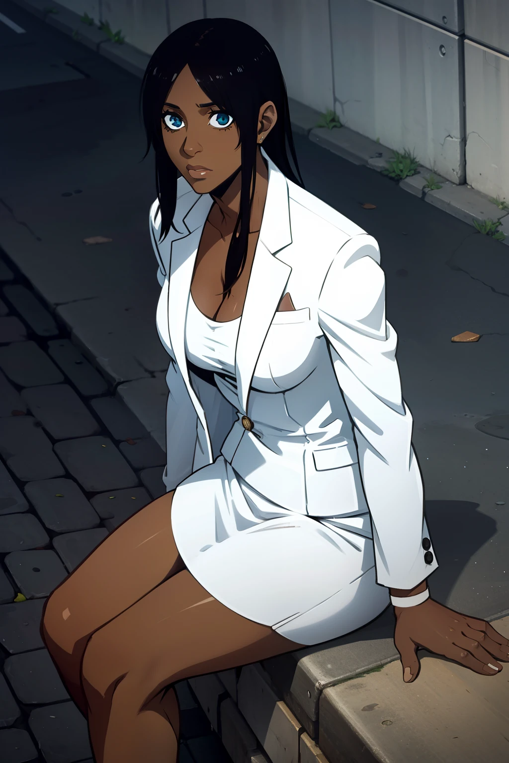 a dark skin woman sitting on road wearing white suit