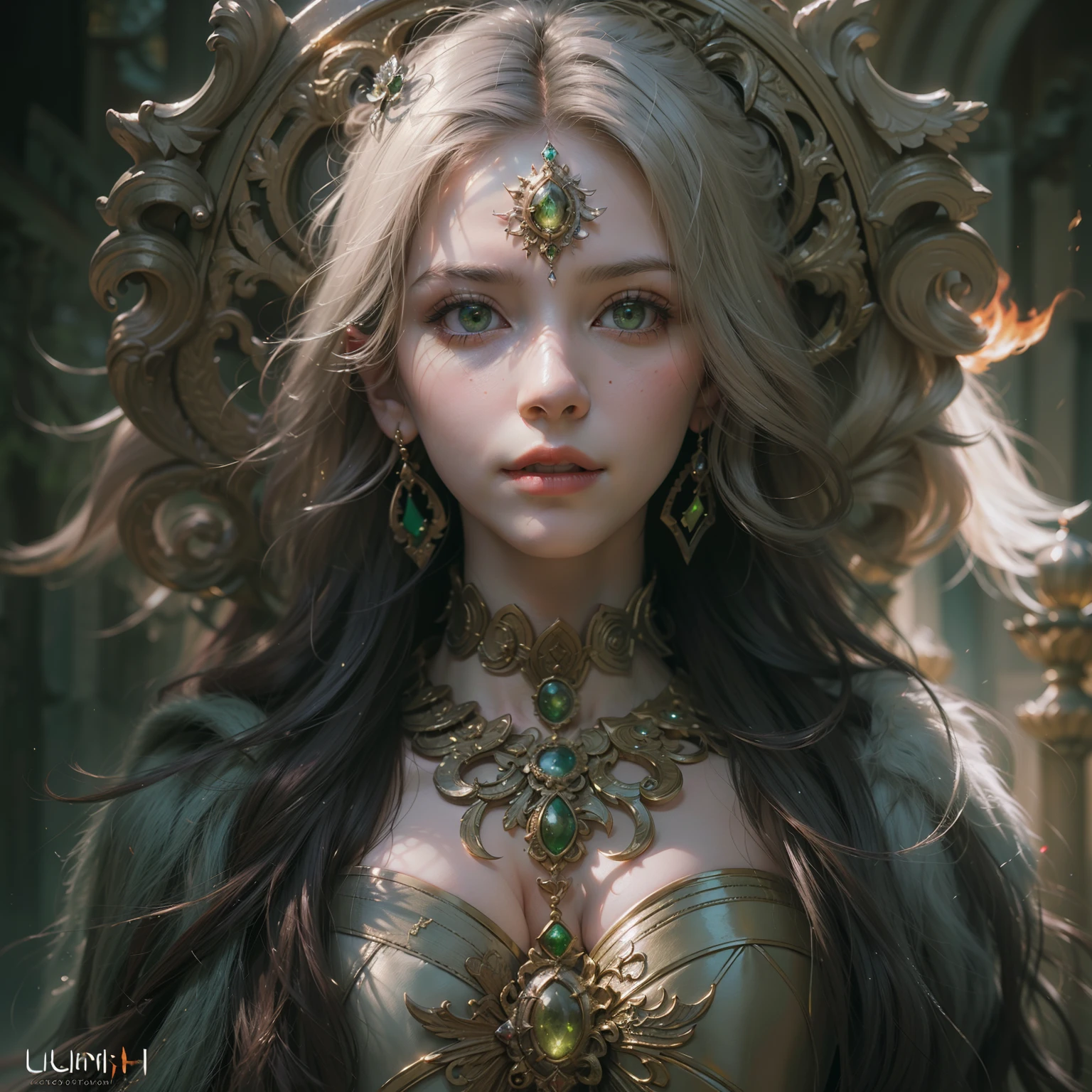 (Numerous award-winning masterpieces of, With incredible details, textures and maximum detail), (Ultra photo realsisim:1.4), (Realistic:1.3), (up of the upper body:0.4), (best quality real texture skin), (Fine true circle Symmetrical eyes), finerly detailed face, ((medieval world)), (full-body portraits:1.6), ((Lord's Flame Demon)), ((The Lord's hell fire demon)), (Burning bright and cold eyes), (full-body standing image:1.6), (She has a mischievous smile on her face), (Eyes that glow green in the dark:1.5), (a green eyes，An intense light is emitted from the inside:1.5), (full-body standing image:1.5),  (Dramaticlight), (A majestic sight), (Her countenance is gentle and beautiful, but somehow terrifying), Glass earrings on the ears, (Dramatic photo:1.4), (gives full-body standing image:1.5), ((dramatic pose)), (Golden hair), (Silver hair), (Maroon hair), short detailed hair, ((head looking up)), ((Looking down)), (Around her neck is a simple necklace of exquisite workmanship), (Bio-luminescence，Brilliant light:1.3), (Use gorgeous fire magic:1.2), (swirling fire), The Great Temple of the Devil, The Devil's Grand Shrine, great temple, great cathedral, Temple ruins, detached temple, (Luminous magic circle), Ancient Castle Site, Shining majestic cloud masses and sky, salama, epic realistic, Faded, art, (greg rutkovsky:0.8), (Teal and orange:0.4), (Art Station:1.5), Cinematic, ((com cores neutras)), (hdr:1.5), (pastel colour:1.2), ultra - detailed, Dramaticlight, (Intricate details:1.1), the complex background,