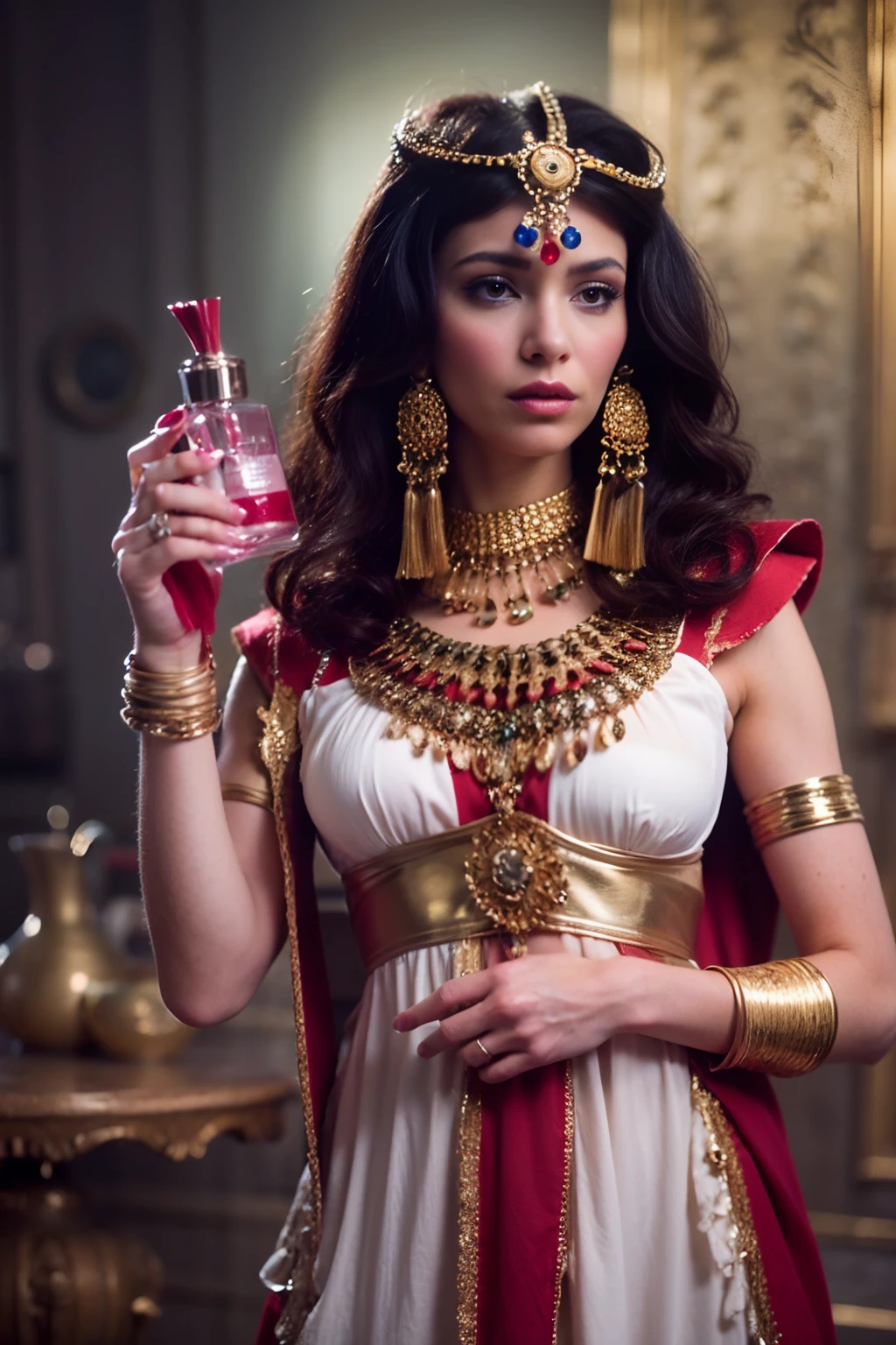 foto realista de cleopatra, rainha do egito vestida de vermelho, bela , sensuality with a perfume bottle in your hands