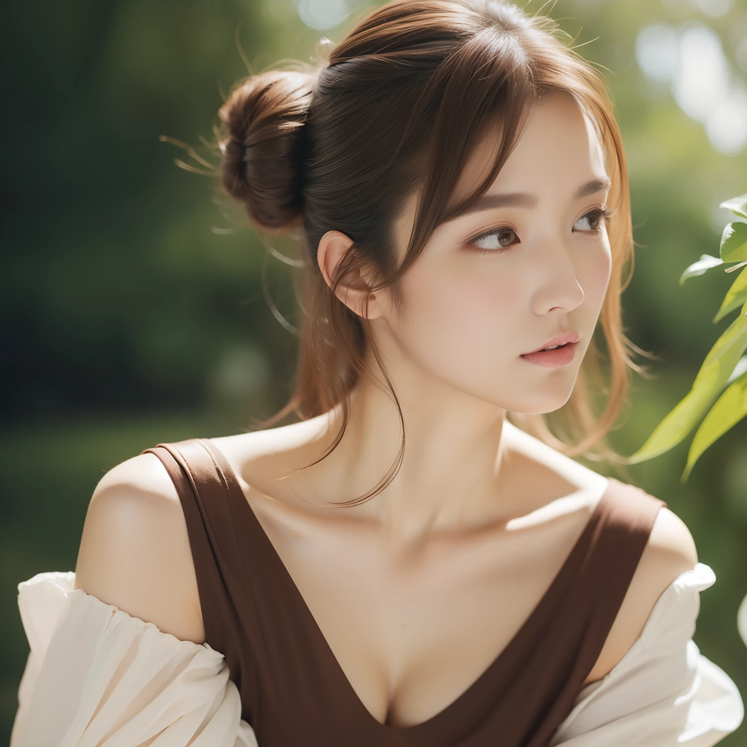 Best quality, masterpiece, 1 girl solo, editorial fashion photo, a Beautiful Japanese woman, side view, layered buns hair, brown color hair, natural makeup, glossy lips, cleavage, wearing open off shoulder cut-saw, wearing parachute pants, boots, at flower shop, natural lighting