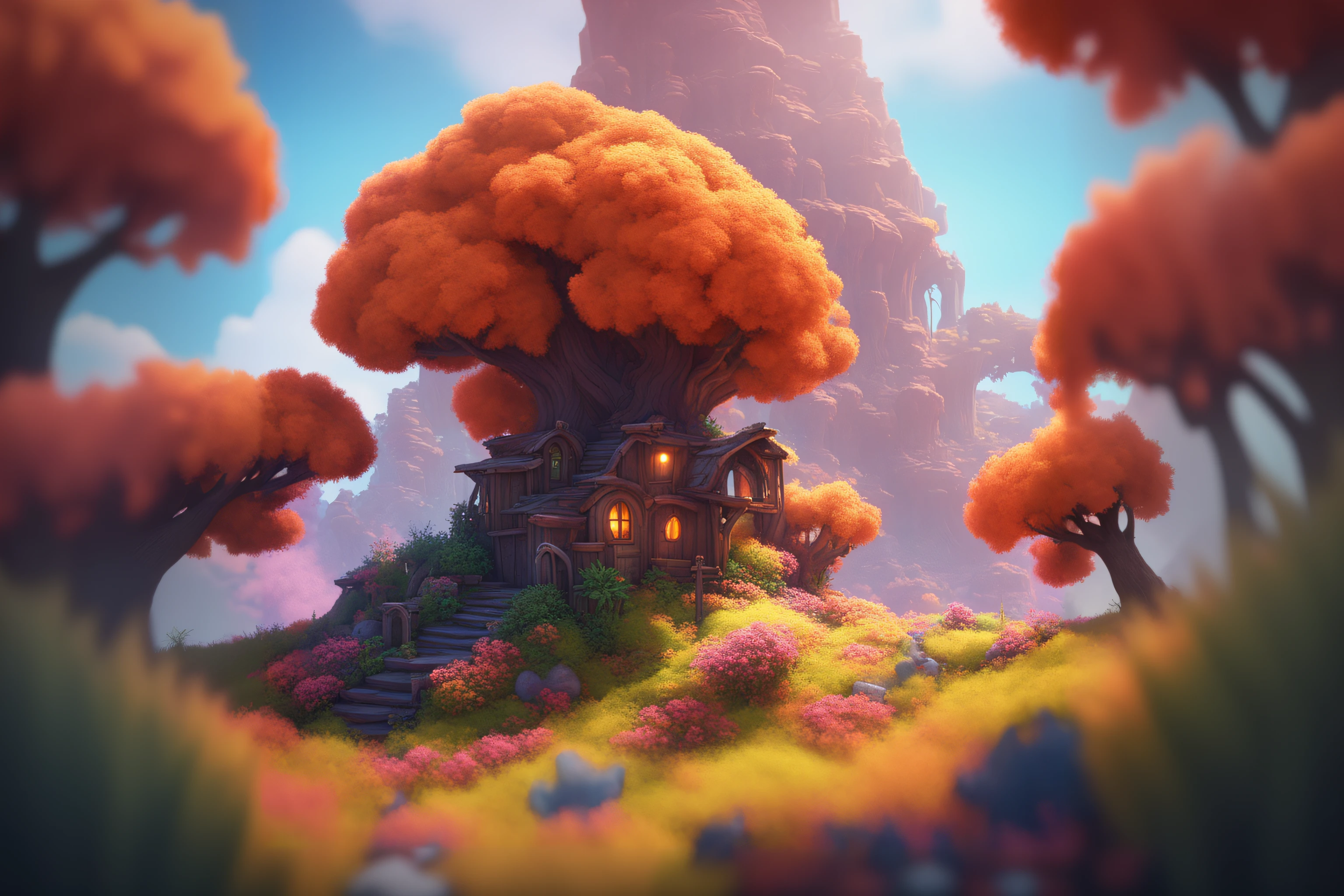 There is a small house in the middle of a field with trees, 3d rendering stylized, 3 d render stylized, stylized as a 3d rendering, Fantasy Style 8k Octane Rendering, 3D estilizado, (octan render) estilo fantasia, arte conceitual estilizada, arte estilizada do jogo, 8k arte detalhada de alta qualidade