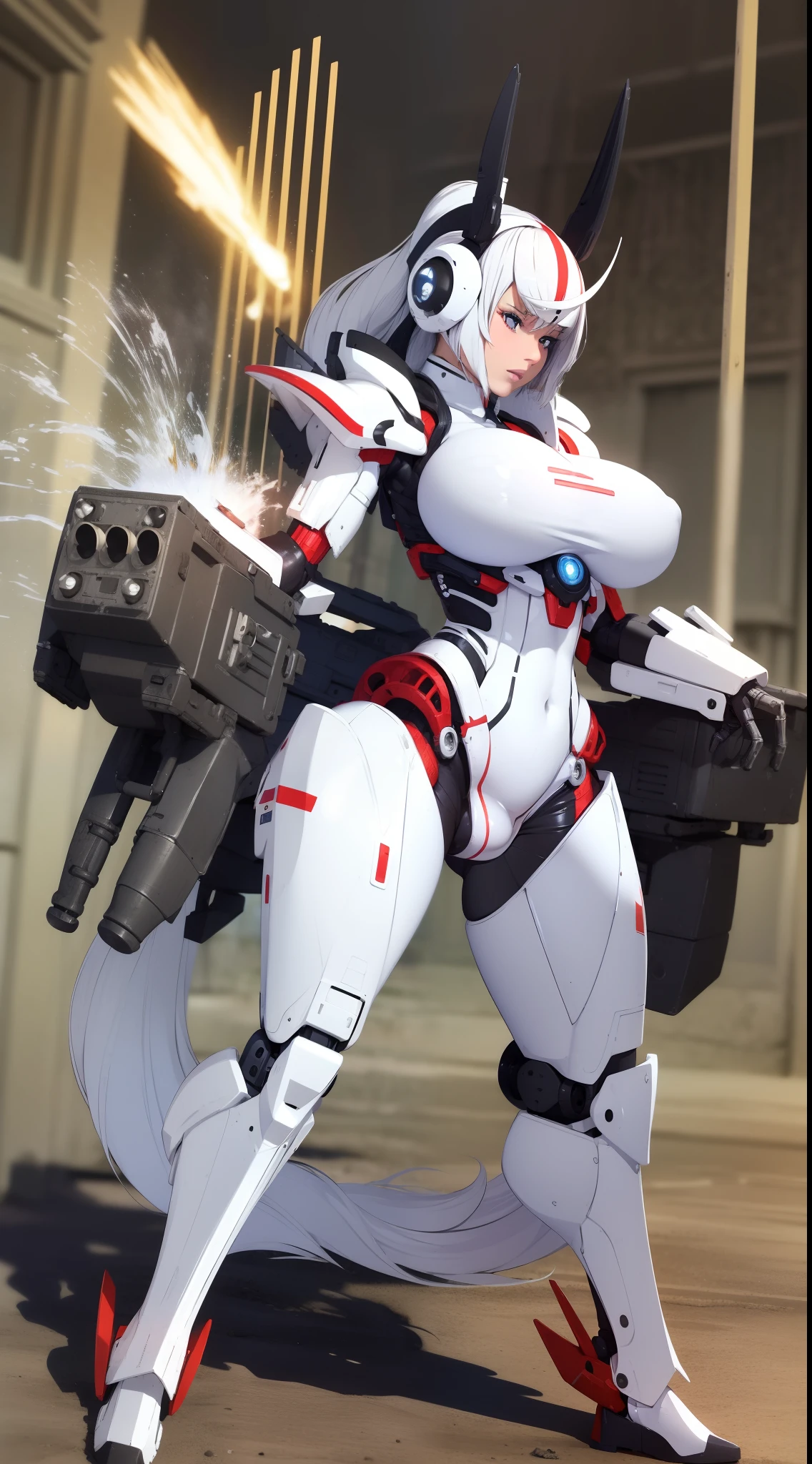 high resolution images,High Quality Picture 8k Full Body 2 Robot Girl, Blown Twins Story Hair, ,Kaiju (((Attack)))Attack?buttle, White Great Full Mechanic Powered White Robot Armor,maid,Beam Gun Blade, Big Breast,Black thighs high, Long hair super detailed,Perfect fingers, Realistic, Looking at Viewer,Mechanic Metal White Panties Show Off,, bimbo