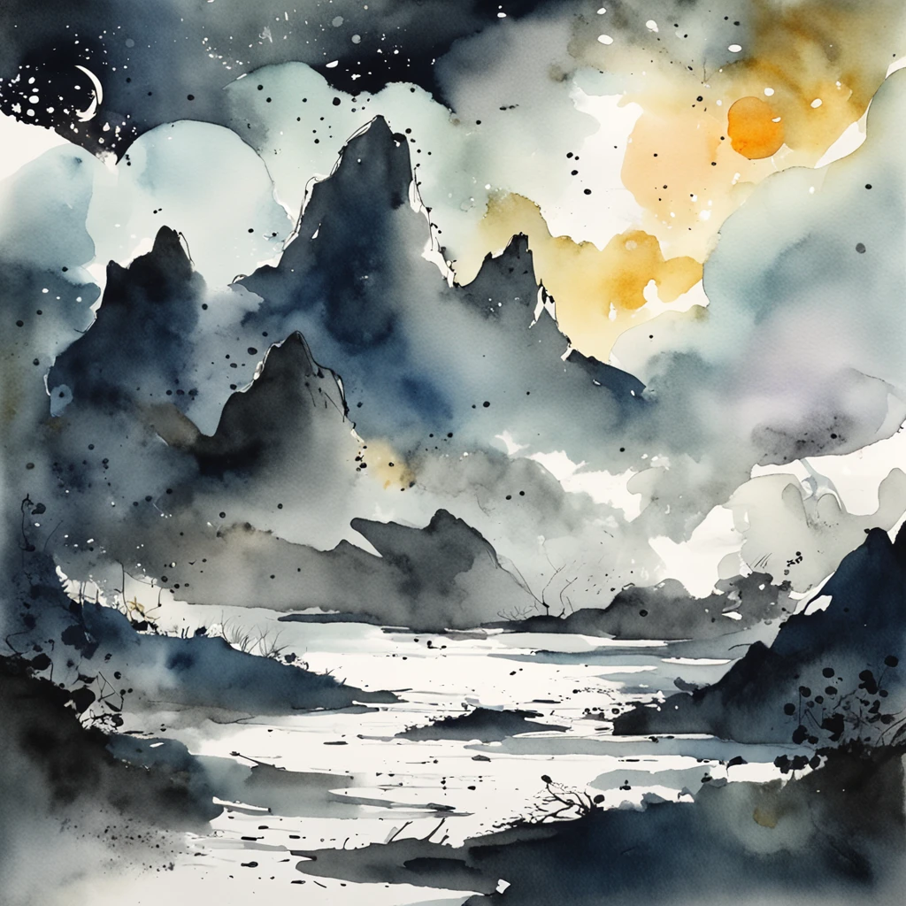 A mountain on white paper expressed only by shades of ink々and a sea of clouds and a moonlit night、Pale touch、ink and watercolor painting