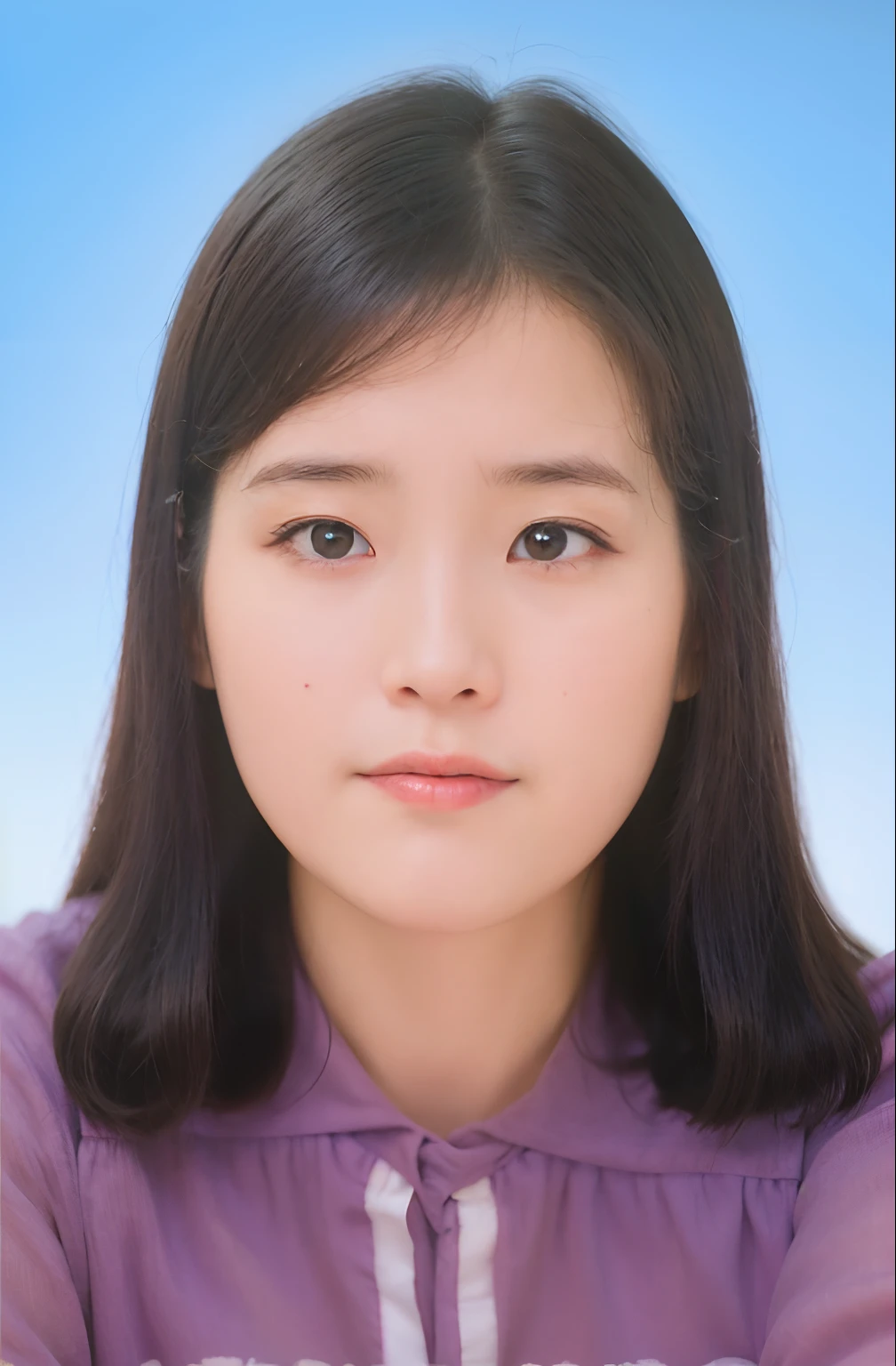 Photo of a woman with long black hair and a purple shirt, south east asian with round face, passport photo, blur effect face, portrait c 1 2. 0, Portrait c 12.0, obscured face, Soft portrait, digitalportrait, photorealiscic face, Asian face, blurry photo, Blurred face, blurry image, digital art but photo