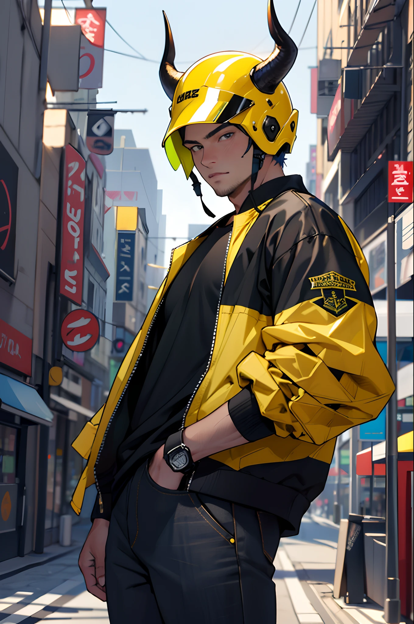 1boy, blue helmet, black eyes, wearing gold jacket, black pants, black t shirt, big horns, city. absurd, high res, ultrasharp, BK, masterpiece, looking at the viewer