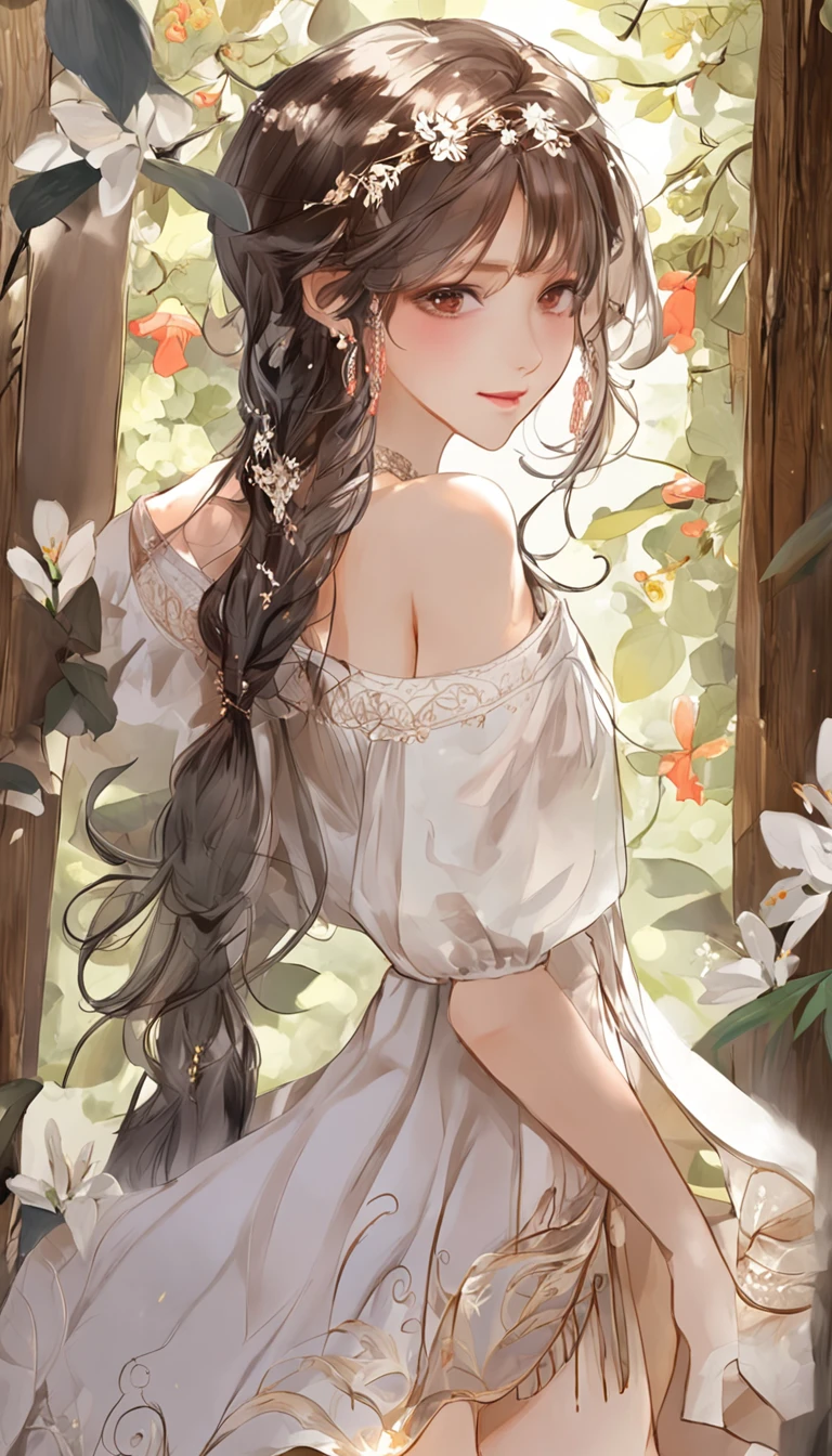 Anime girl with long hair and white dress sitting in a garden - SeaArt AI