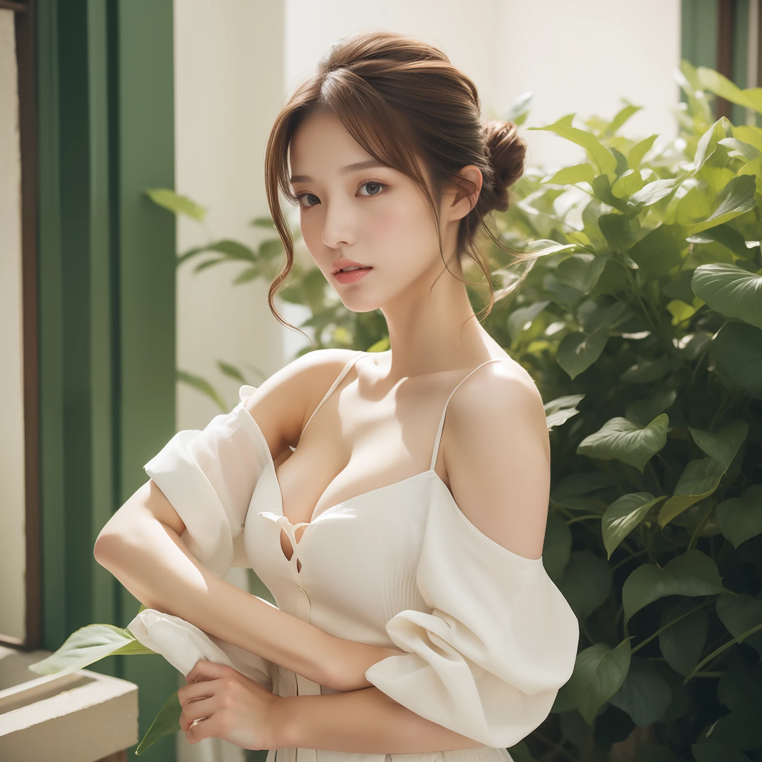 Best quality, masterpiece, 1 girl solo, editorial fashion photo, a Beautiful Japanese woman, side view, layered buns hair, brown color hair, natural makeup, glossy lips, cleavage, wearing open off shoulder cut-saw, wearing parachute pants, boots, at flower shop, natural lighting