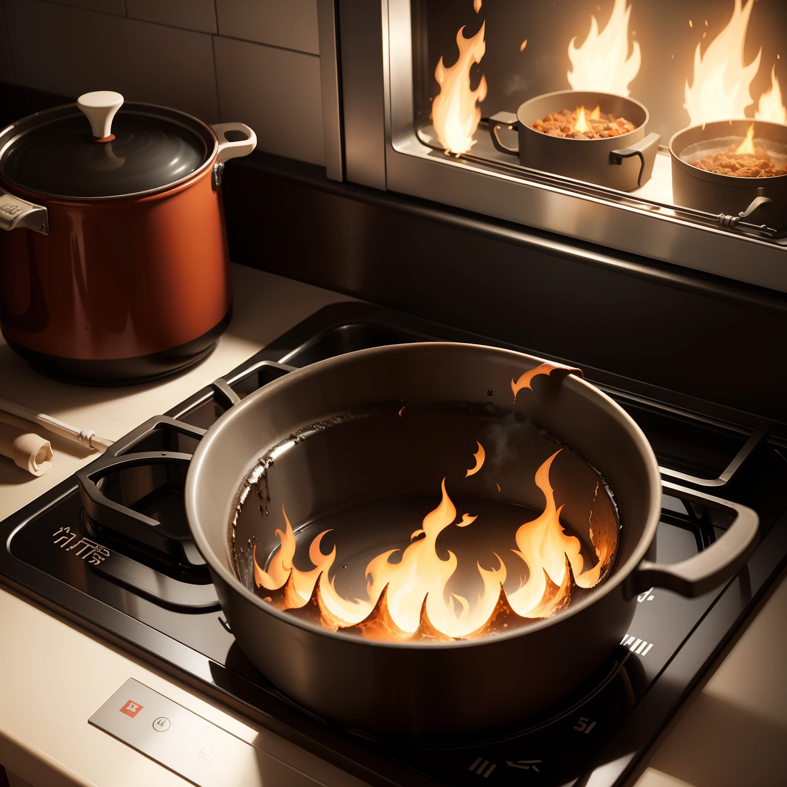 The pot was placed on the stovetop, and inside it burned on fire pasted cartoon