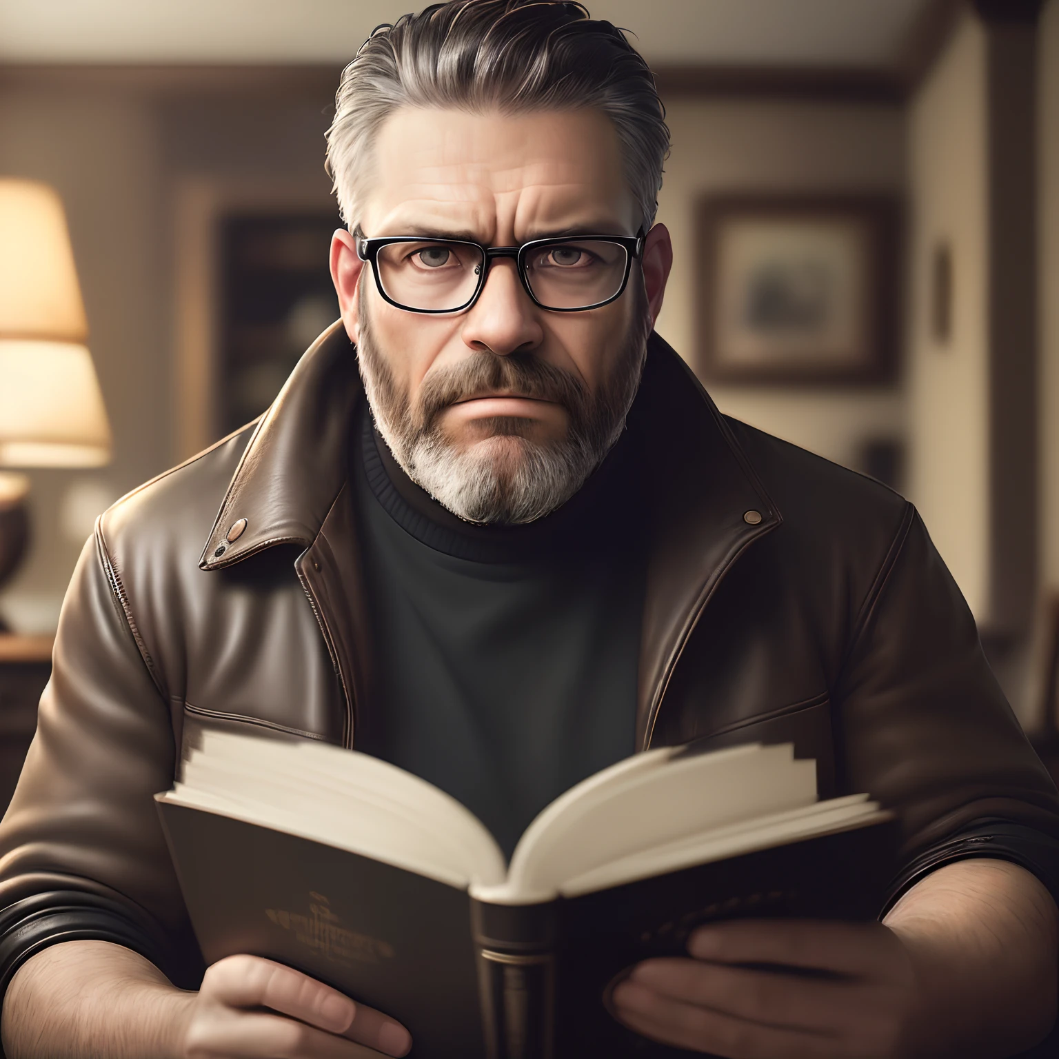 (editorial photograph 9:16of a working man sitting in his living room in, bearded, serious doing his reading, 47 years old, brown eyes), (wearing worn and worn winter shirt, wearing old worn black leather jacket, wearing glasses, detailed:1.3), (highly detailed face:1.4), (background inside dark, grumpy, private study, antique furniture:1.3), (8k, uhd, DSLR, high quality, cinematic lighting, bokeh), (dramatic and award-winning photography, amazing masterpiece:1.3) (strong depth of field)