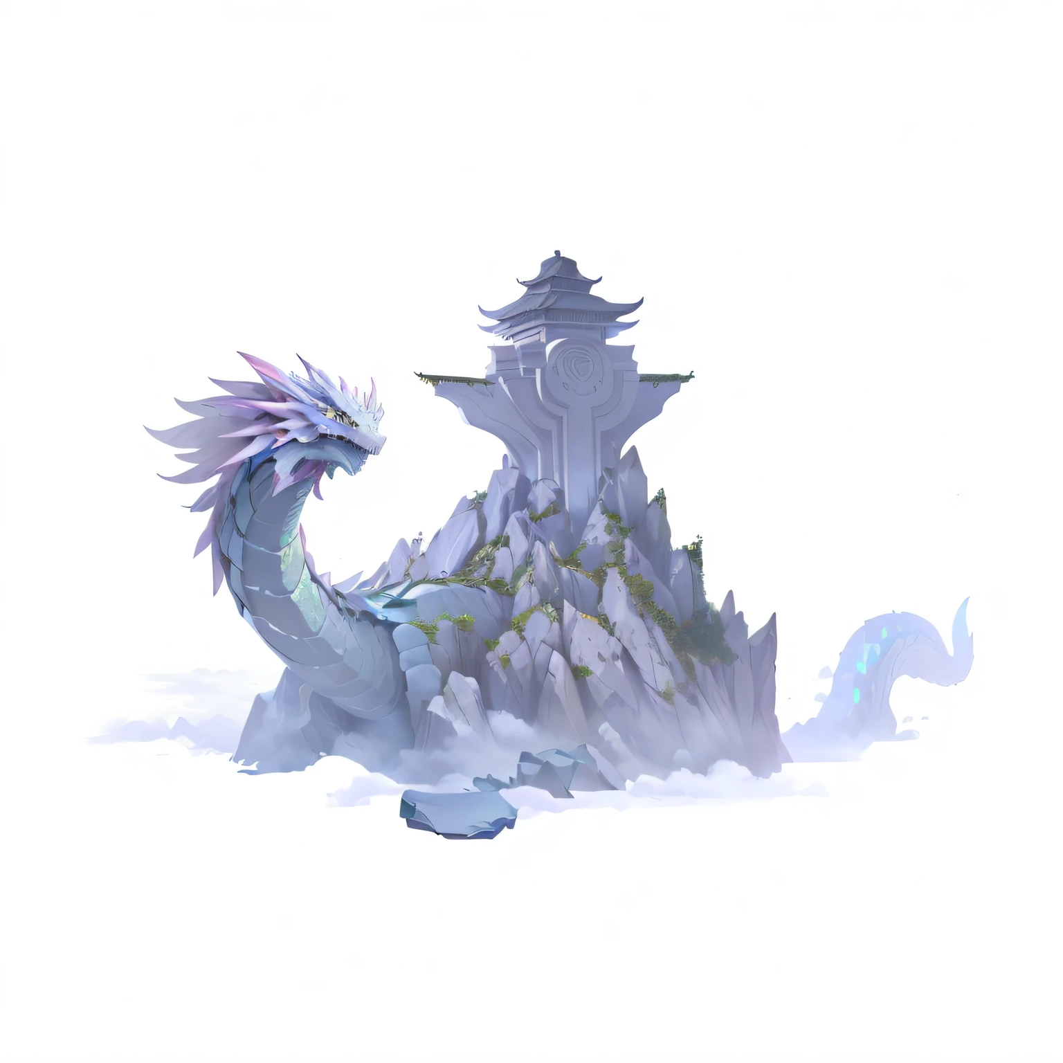 There is a dragon sitting on a rock, Crystal Dragon, a dragon statue made of jade, Marble white dragon statue, chinese dragon concept art, Frost Dragon, giant dragon resting in a cave, long dragon, colossal dragon in background, great mystical winged serpent, digital painting of quetzalcoatl, a dragon made of clouds