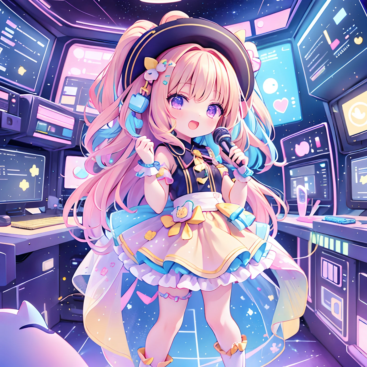 (Chibi), Idol, Singing in a space scene, Kawaii Tech, kawaii, Cute, Pastel colors, Best Quality, Happy, scifi