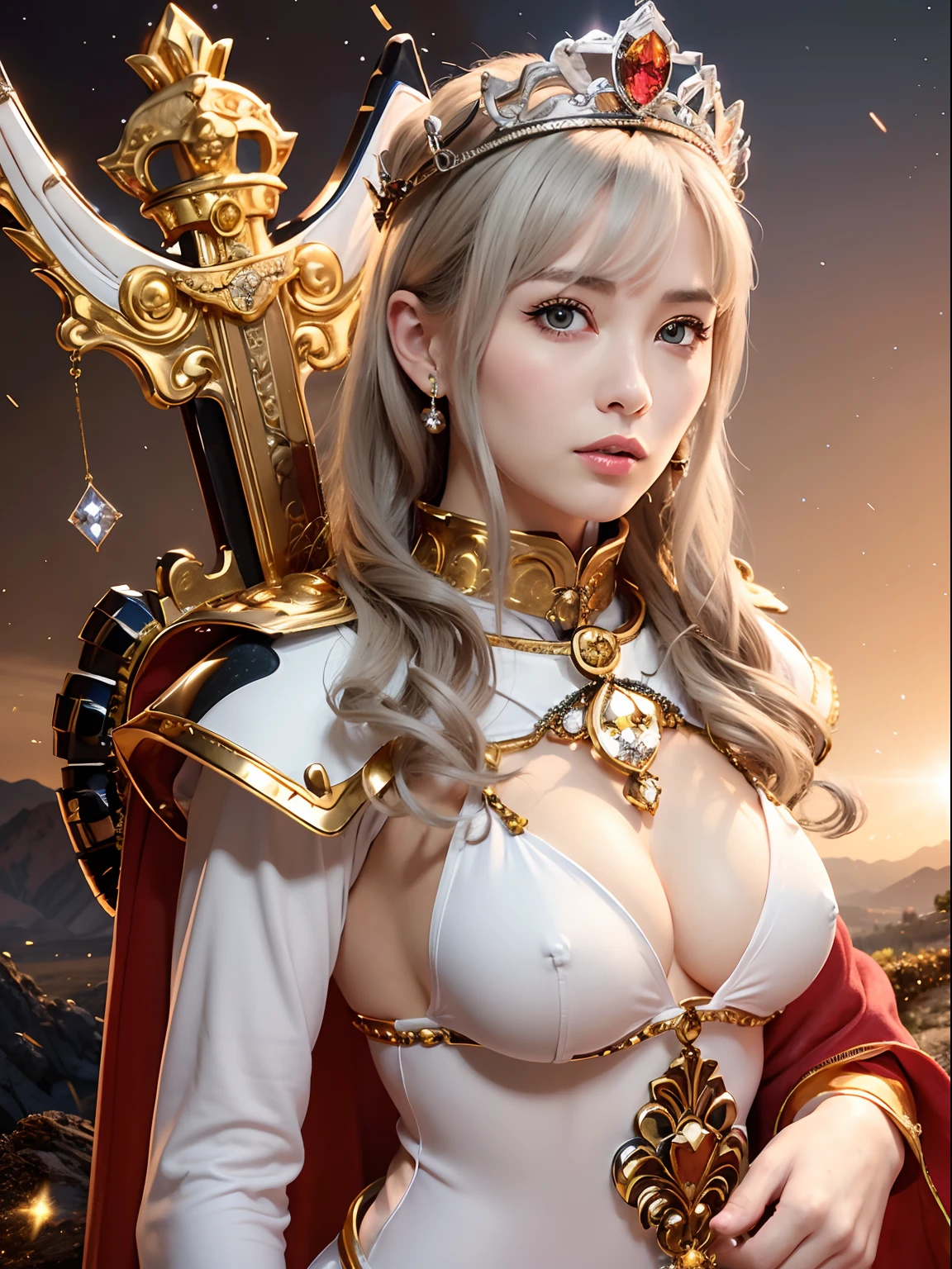 (masutepiece), Professional , masterpiece、top-quality、photos realistic , depth of fields (Gemstone Silver Metal Body:1.9),(Matte White、Particles of light、Jewel Gold Weapon、(Gorgeous castle background)、(White Micro Bikini)(Jewel Metal Body:1.4),Gorgeous Jewel Metal Weapons , Detailed Sword of the Brave ,( Soldier background in metal armor) ,warhammer 40k , adepta sororitas,Detail and ornate jewel crown、独奏、Black hair、(Gangle's forest background)、Beautiful Caucasian beauty、1a person、dynamic ungle,(((Diamond tiara with detail and luxury)))、a small face、A smile、Powerful poses、(Gorgeous castle background)、huge-breasted、20 year old beautiful woman、Stand in the center of the screen、Thin female fingers、Smaller head、
