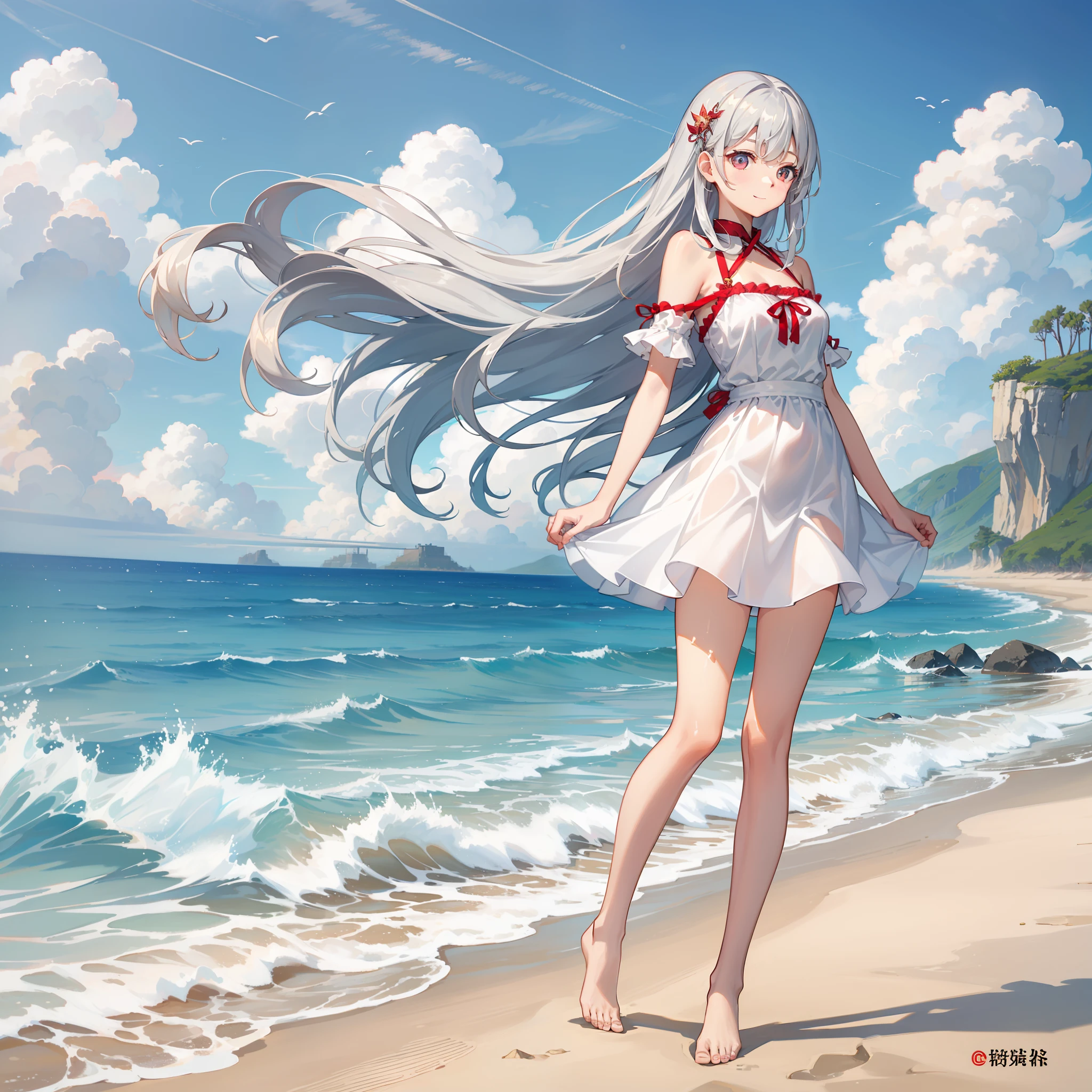 (best qualtiy) In the sunset，A young girl stands quietly on the beach。Silver hair swaying in the breeze，It exudes a faint fragrance。Her bright ruby-like eyes shone with a mysterious light。She had a warm smile on her face，It's like having endless happiness。The refreshing white shirt sets off her pure temperament，The light-colored short skirt shows her young and lively side。Step barefoot on the soft sand，Feel the sea breeze，It's as if you're at one with nature。