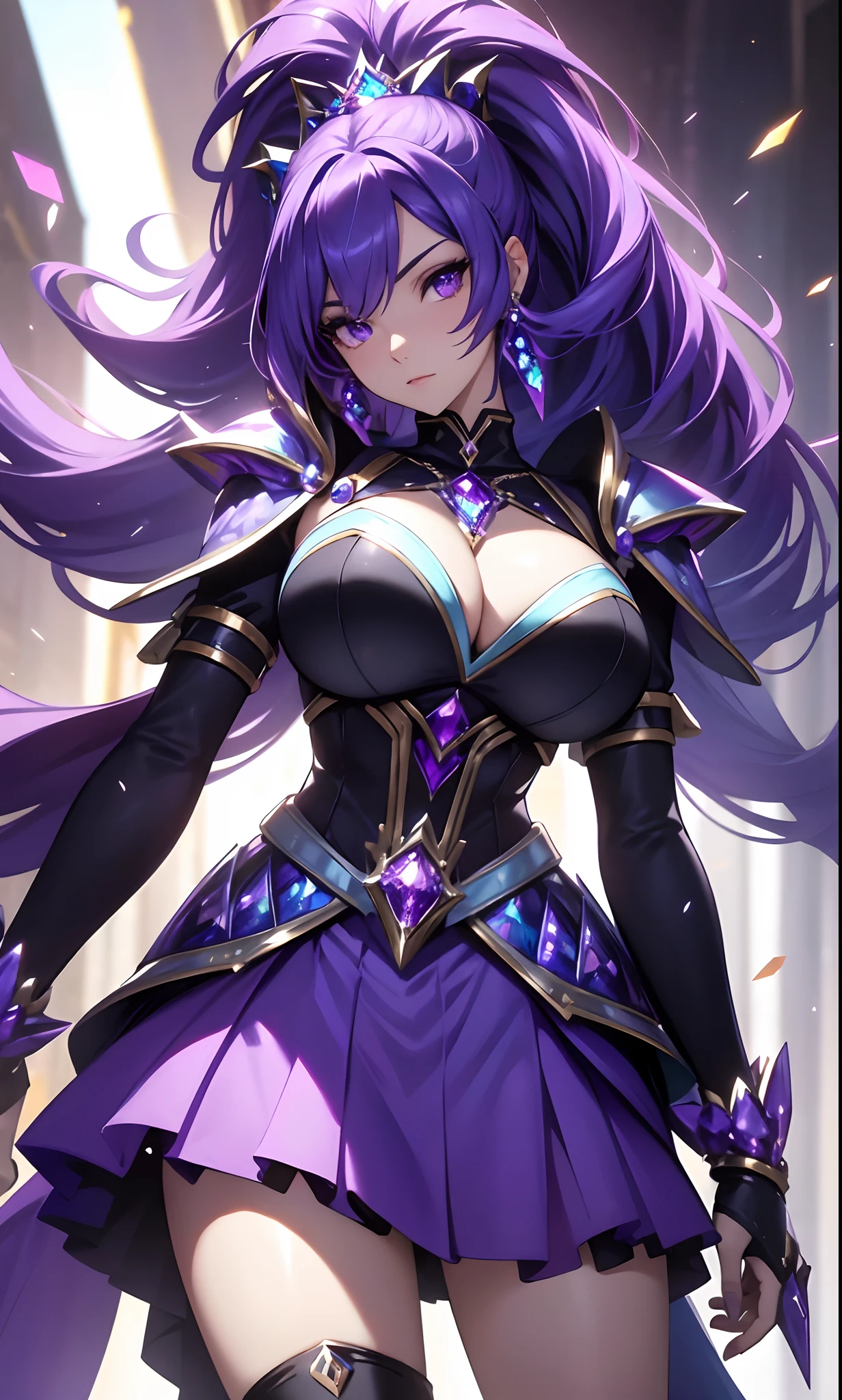 best qualityer，tmasterpiece，Ultimate resolution，downy，Extremely colorful，Colorful，Lady Knight，Royal Sister，closeup of face，Blue-purple armor skirt，Full body set with gemstones，amethyst，huge tit，（Short thin purple hair，High ponytail），Shield set with precious stones，jewelry，Pedras preciosas，Normal posture