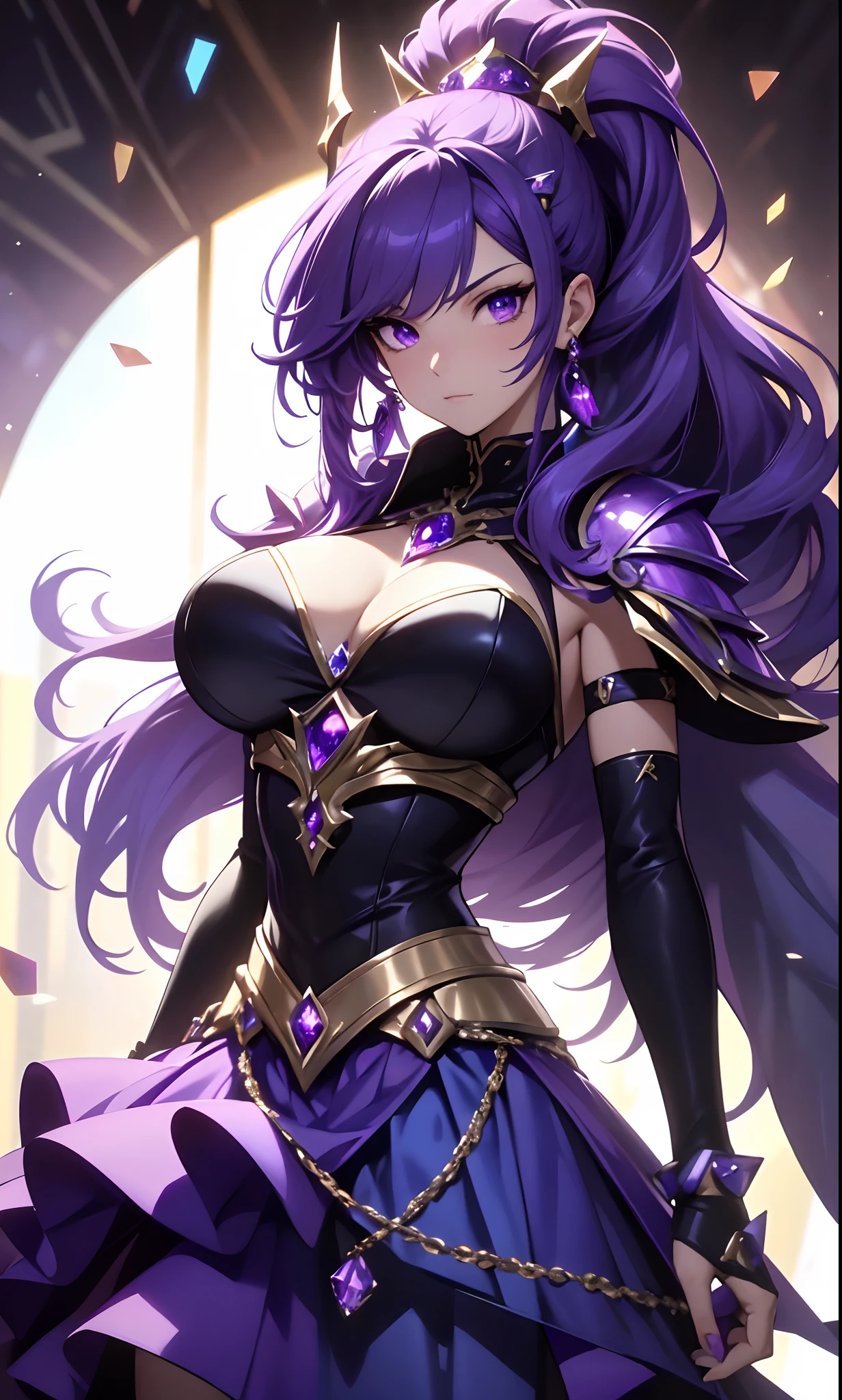 best qualityer,tmasterpiece,Ultimate resolution,downy,Extremely colorful,Colorful,Lady Knight,Royal Sister,closeup of face,Blue-purple armor skirt,Full body set with gemstones,amethyst,huge tit,(Short thin purple hair,High ponytail),Shield set with precious stones,jewelry,Pedras preciosas,Normal posture