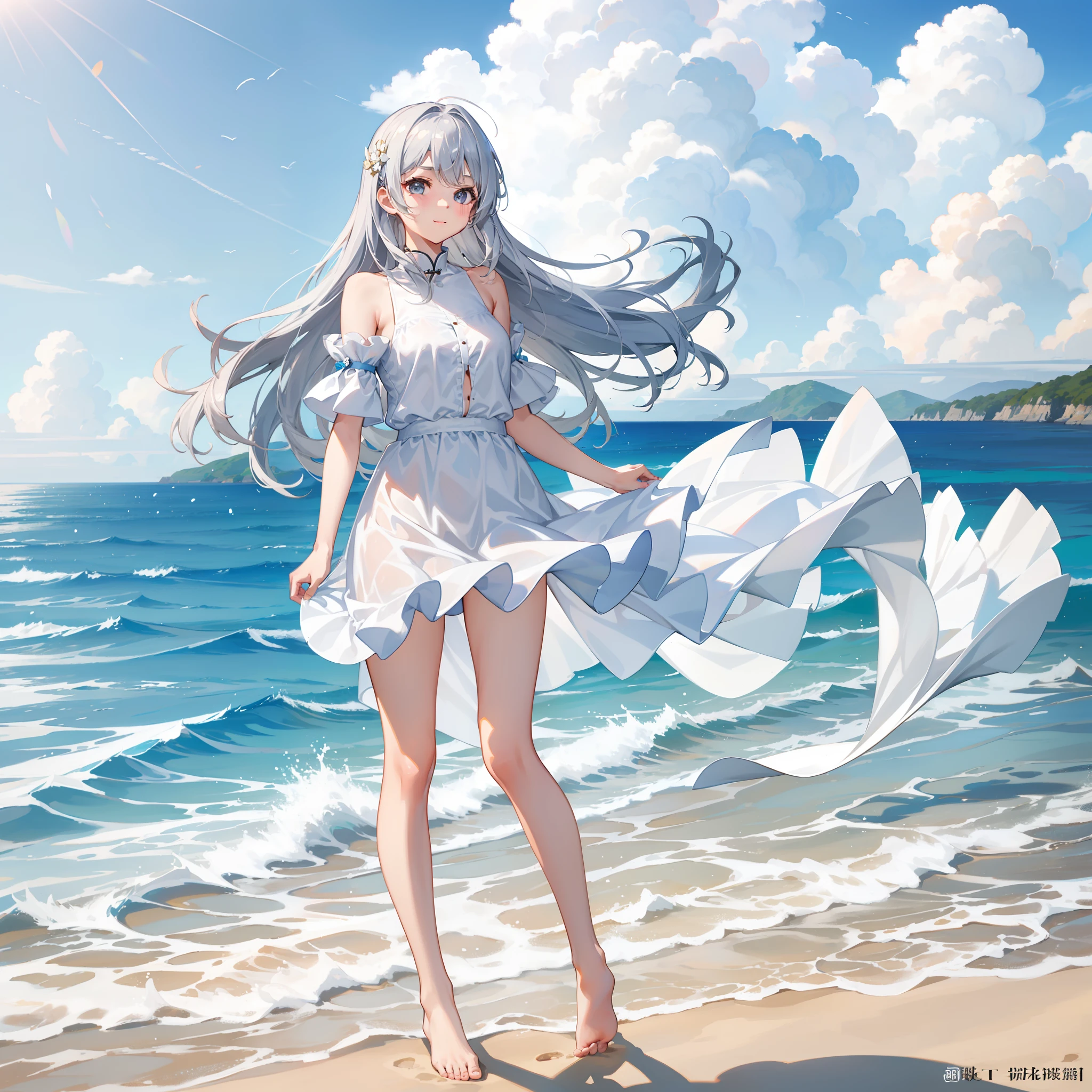 full body,dynamic angle,((both arms down)),(White elegant summer blouse,White elegant one piece swimsuit),((1girl,cute,young,semi long beautiful silver green hair,blunt bangs,beautiful eyes)),(solo),((masterpiece, highest resolution,best quality)), (beautiful illustration),(looking at the viewer), innocent smile,cinematic lighting,beautiful emerald green beach, white sand,waves,clouds,blue sky