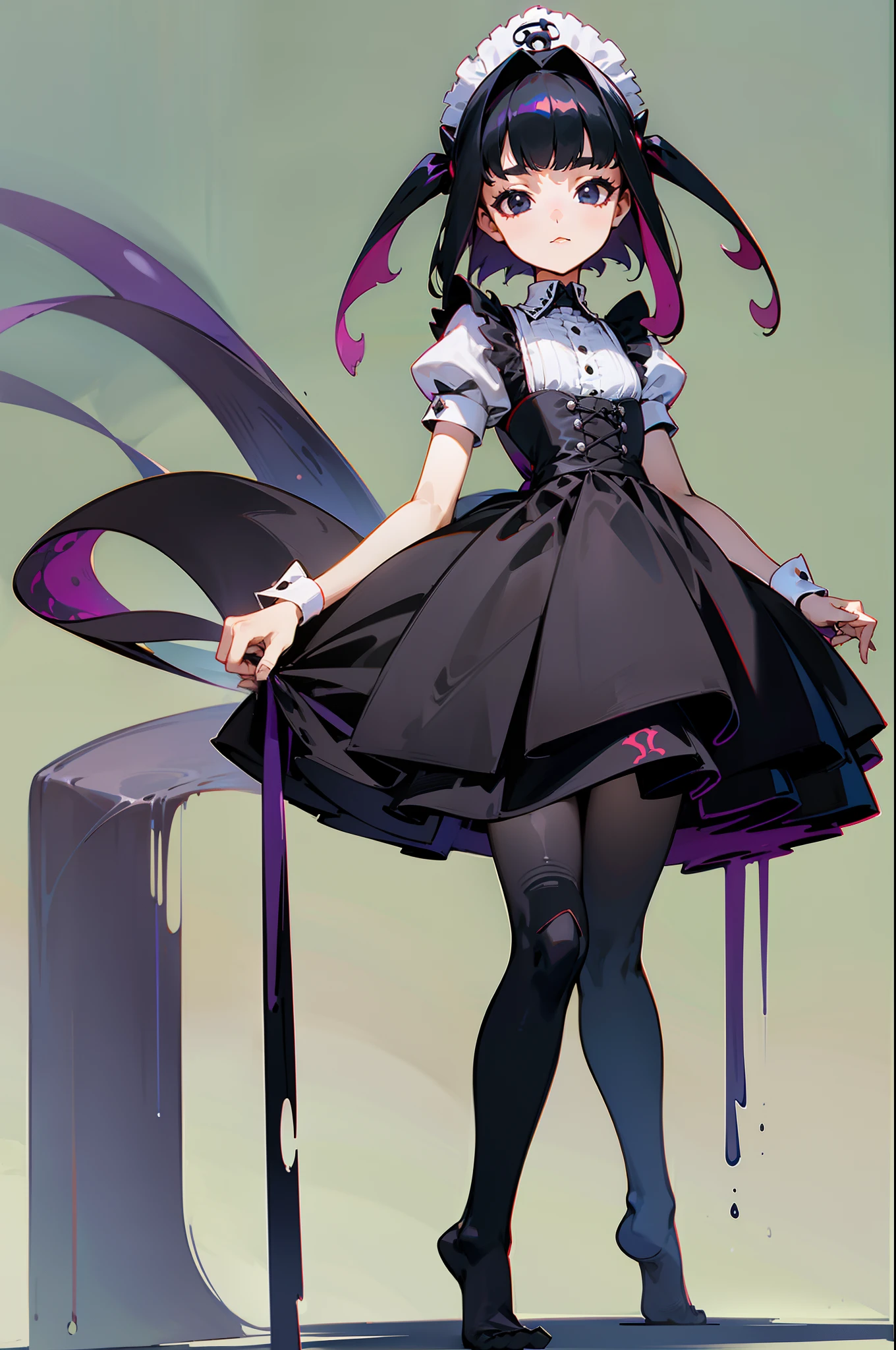 A teenage girl,with short black hair,(the maid outfit),Completely black eyes,Three nil,black shadows,tentaculata,blacksilk,without wearing shoes,Side light,Standing drawings of characters,4K,quadratic element